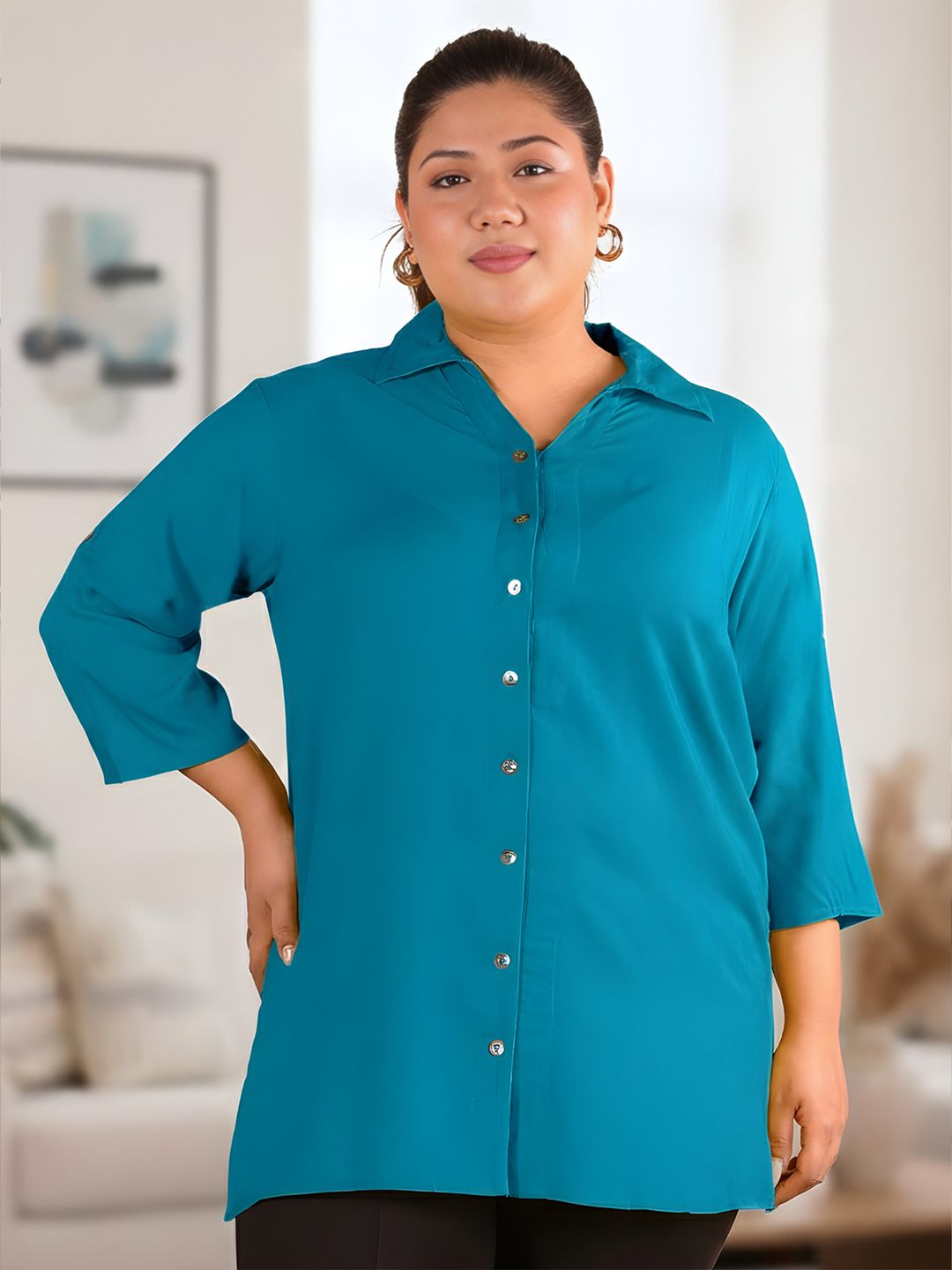 Turquoise Longline Plus Size Shirt — view 2