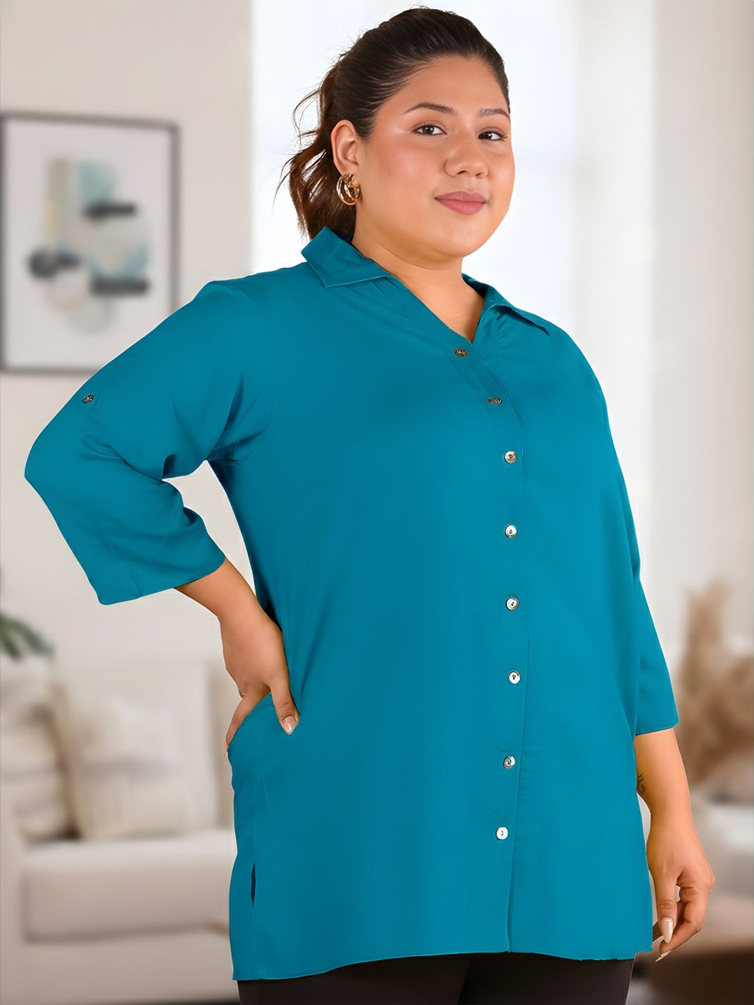 Turquoise Longline Plus Size Shirt — view 4