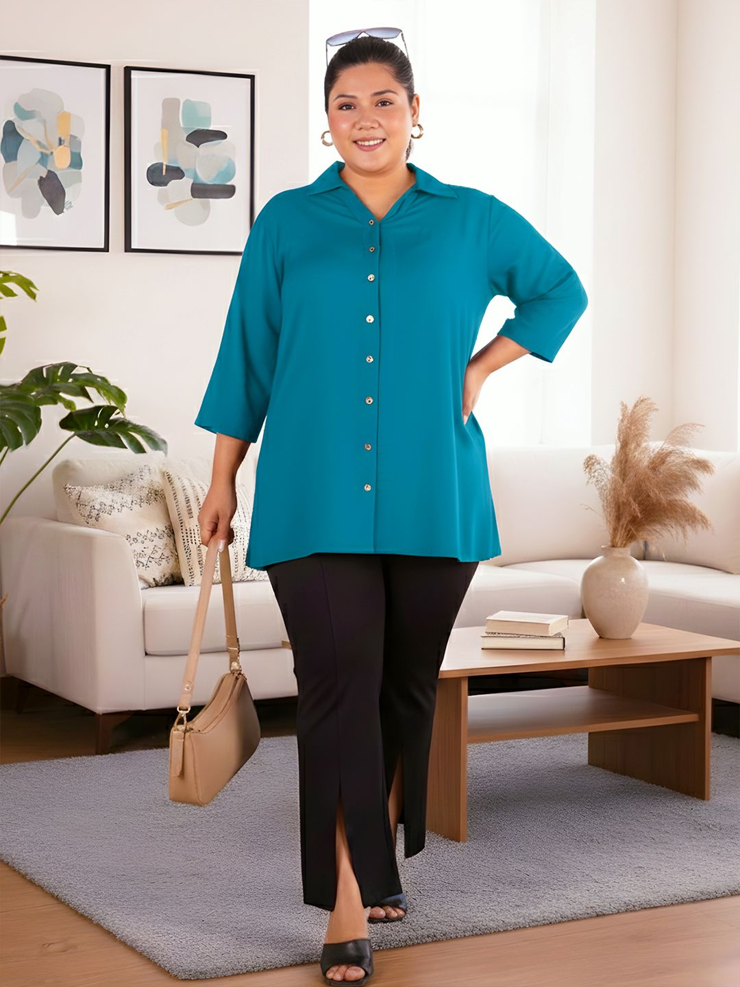 Turquoise Longline Plus Size Shirt — view 7