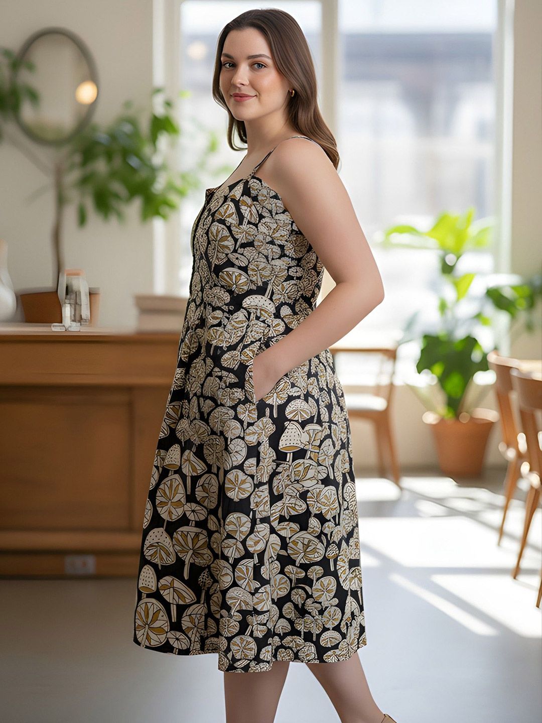 Black Mushroom Print Strap Plus Size Dress — view 4
