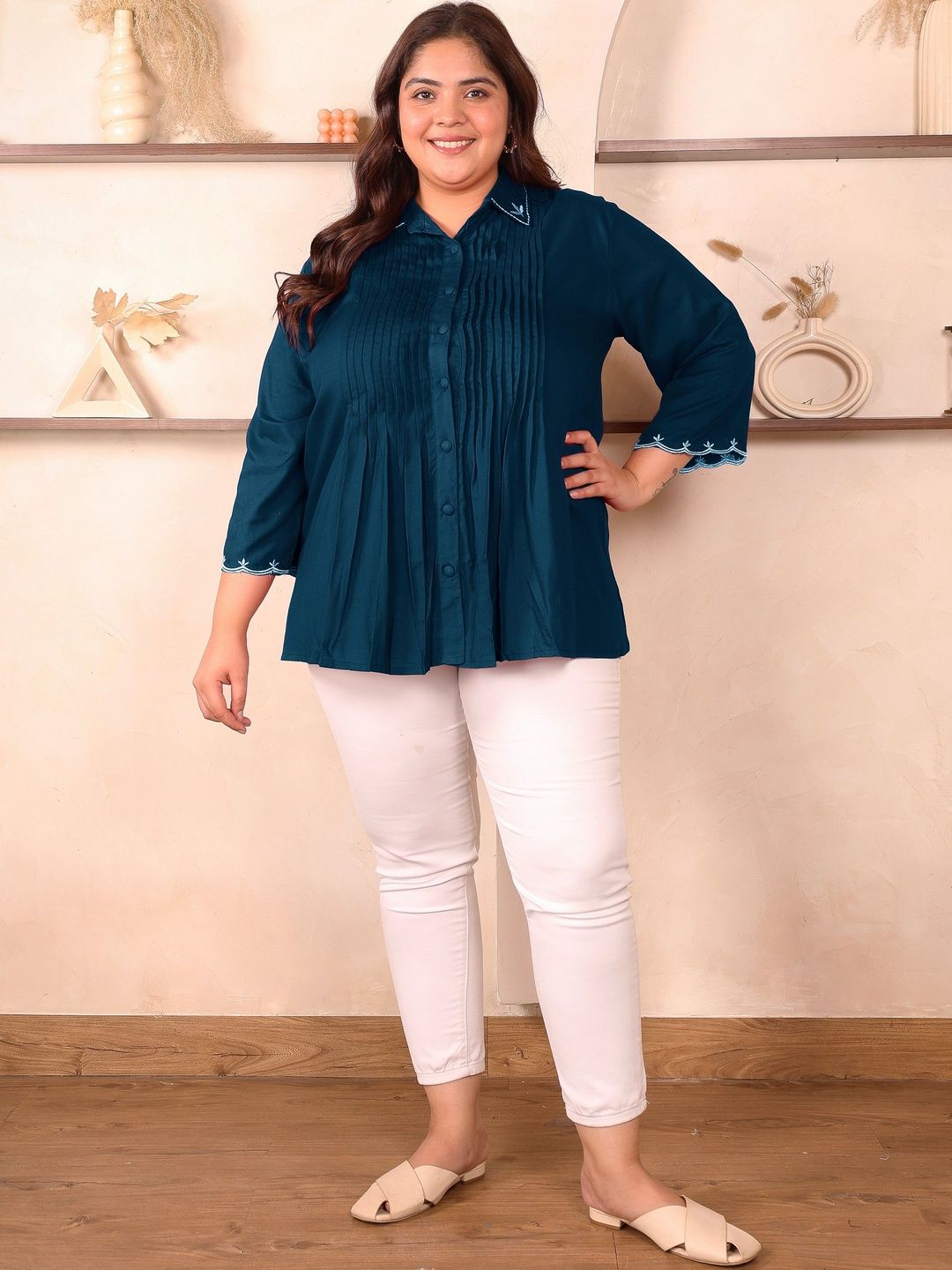 Peacock Blue Rayon Collar Embroidered Tunic — view 5