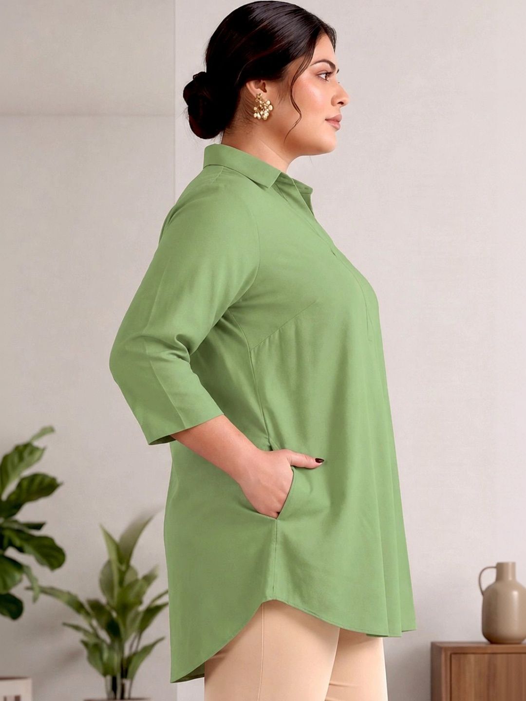 Green Rayon Centrepleat Longline Tunic — view 3