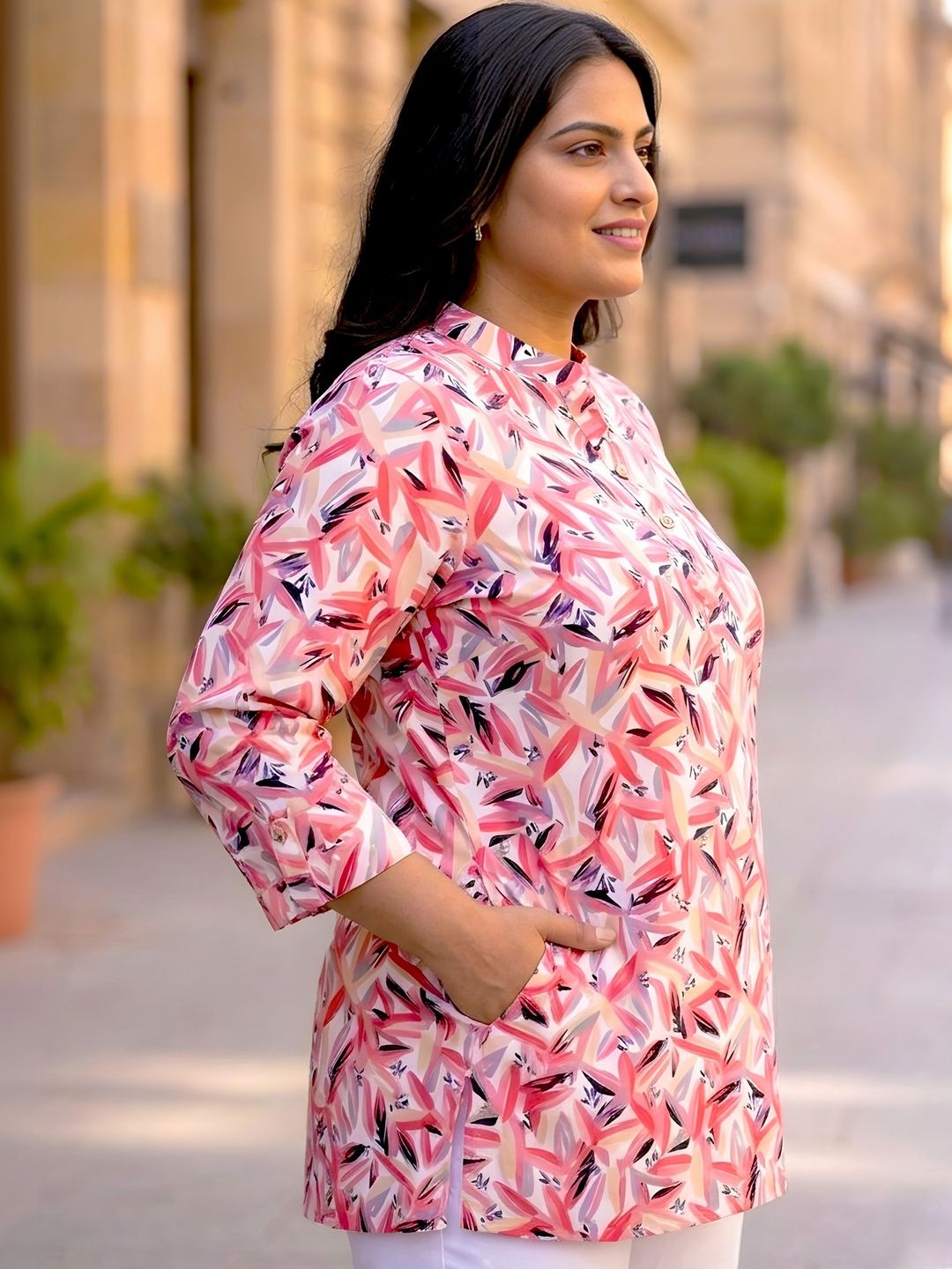White and Pink Abstract Print Plus Size Tunic — view 3