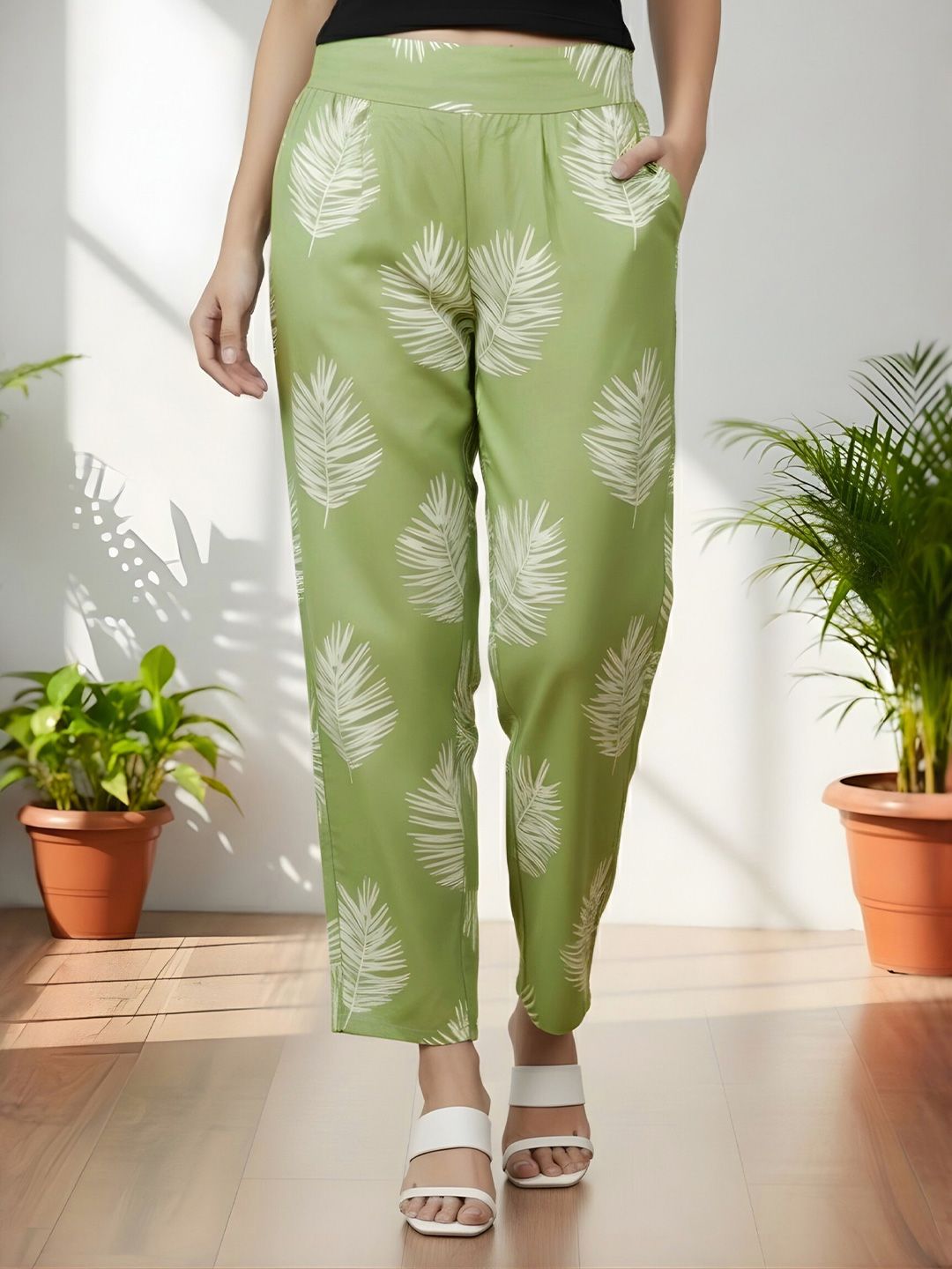 Green Leaf Print Trousers — view 1