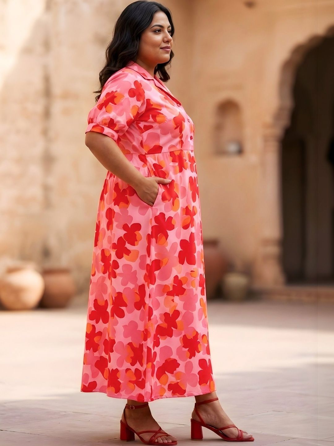 Red and Orange Floral Print Plus Size Dress — view 3