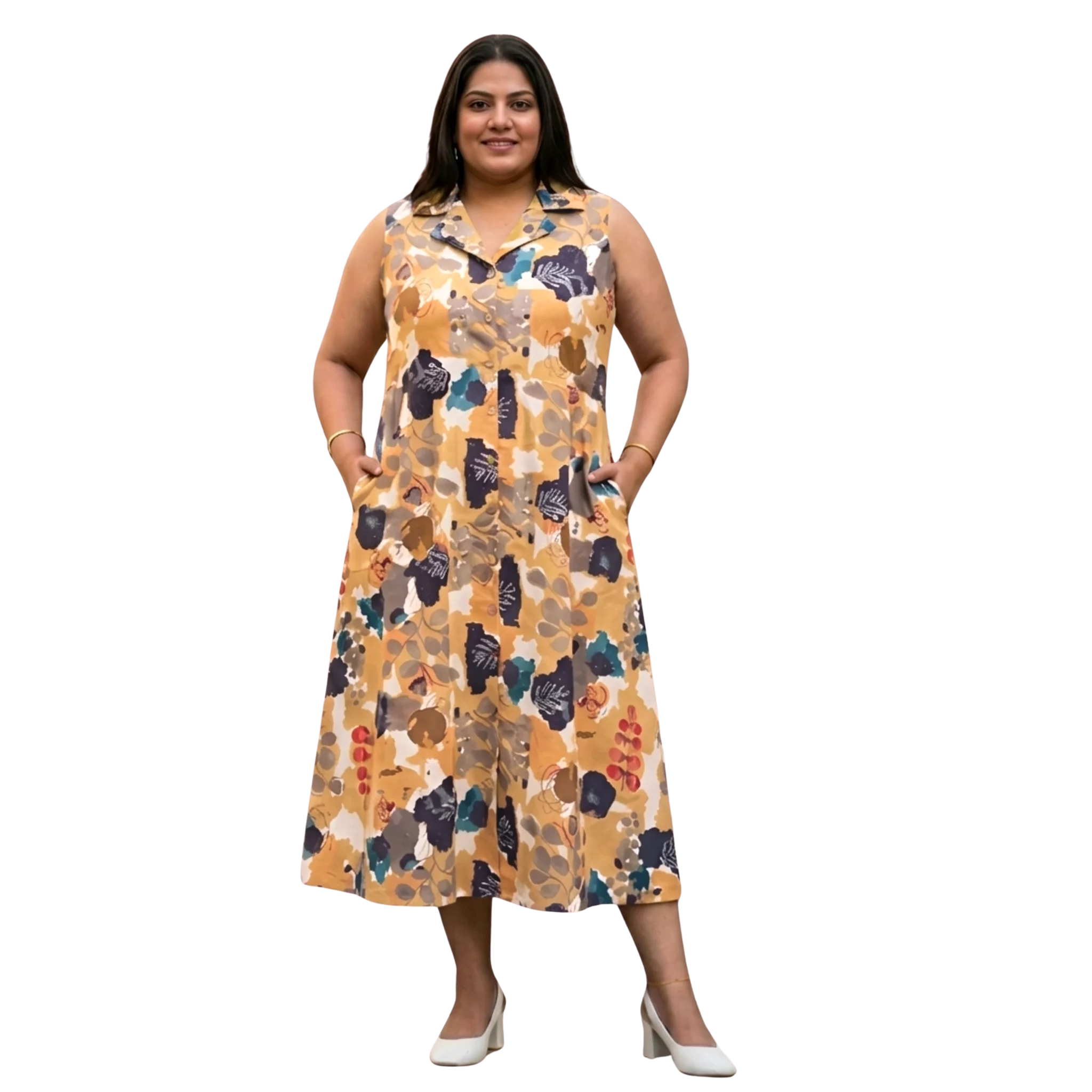 Mustard Abstract Print Midi Dress