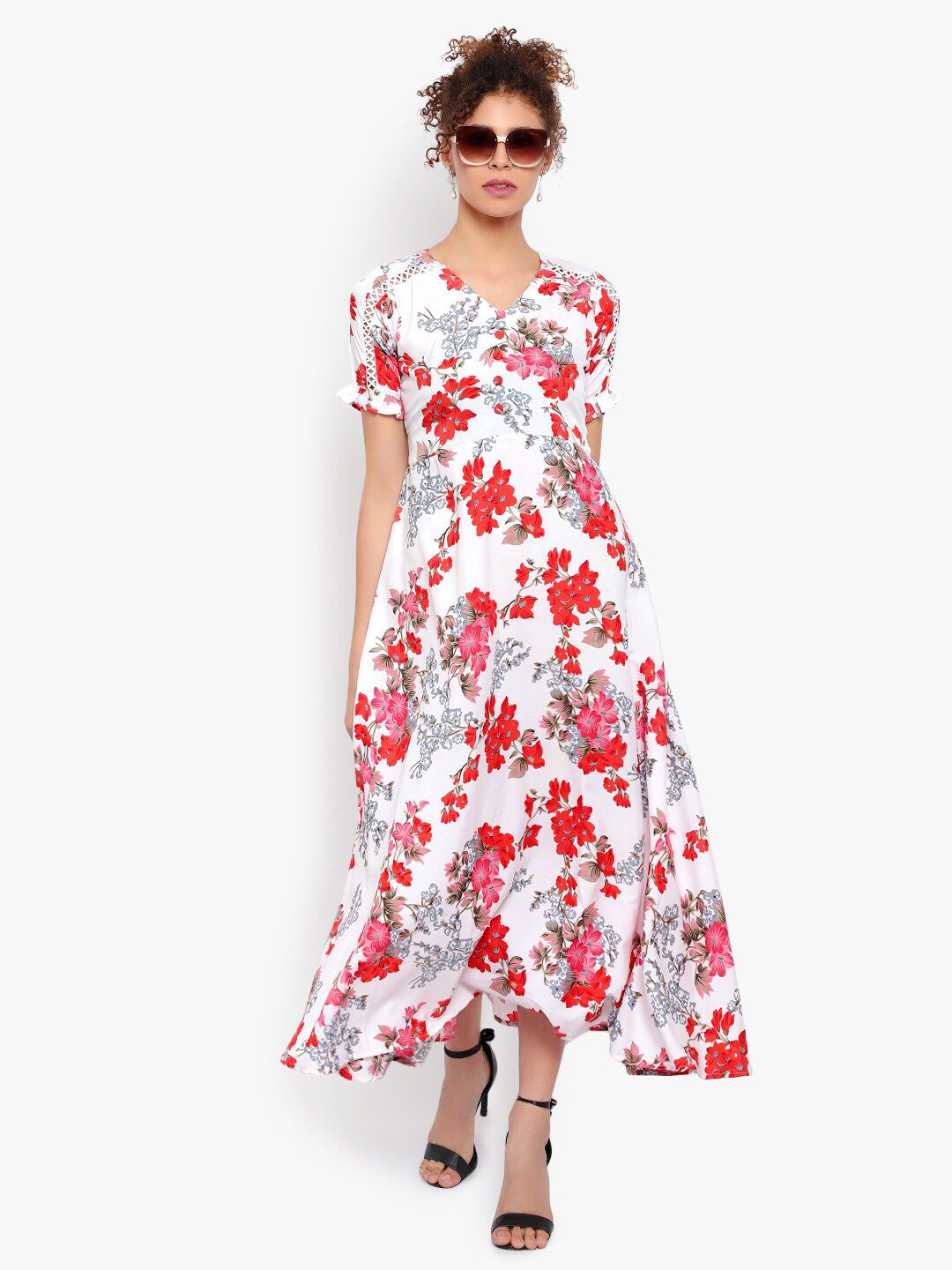White and Red Floral Print Dress — view 6