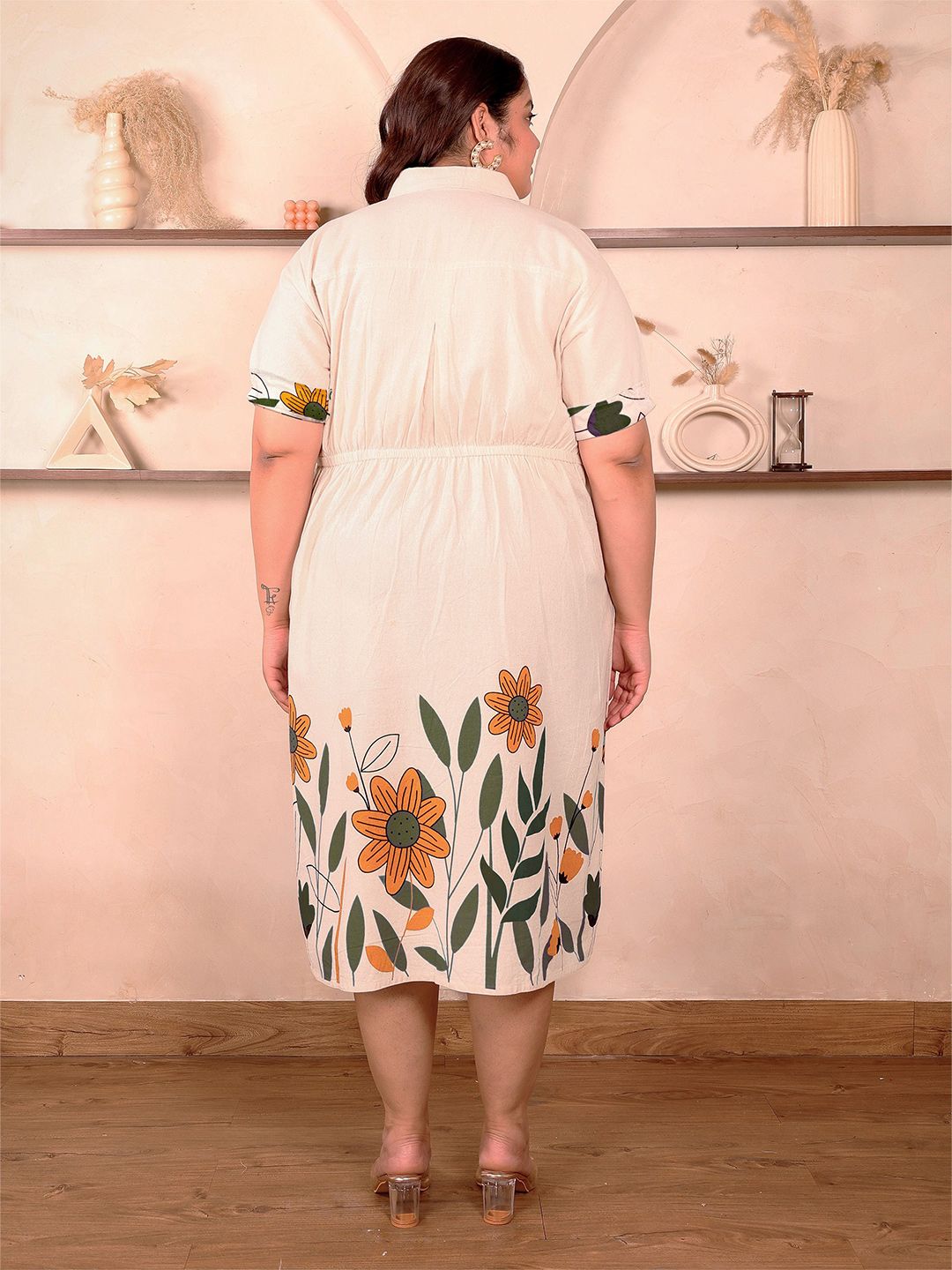 OffWhite Green Floral Cotton Midi Dress — view 5