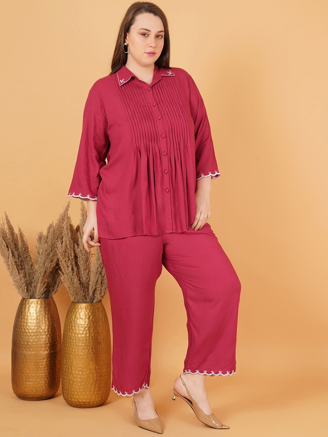 Red Rayon Collar Embroidered Co Ord Set — view 3