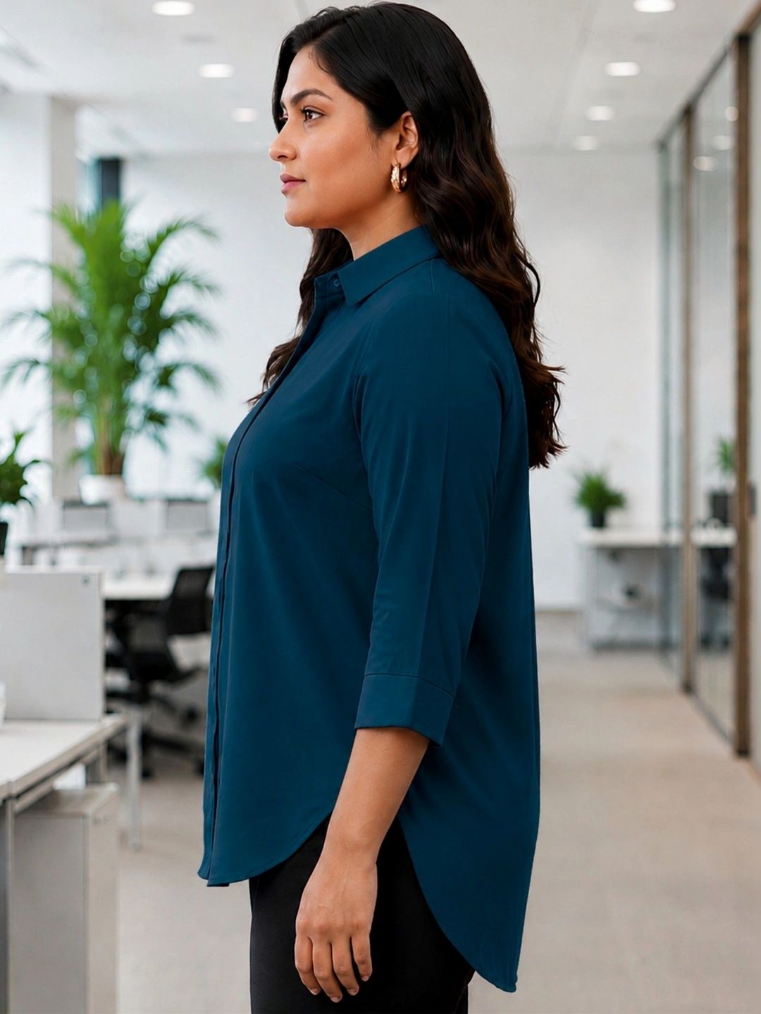 Peacock Blue Rayon Concealed Plus Size Tunic — view 4