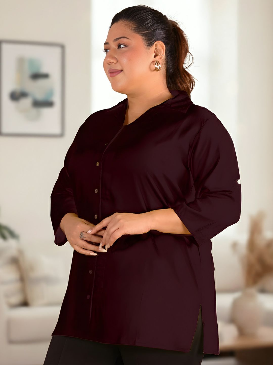 Brown Longline Plus Size Shirt — view 4