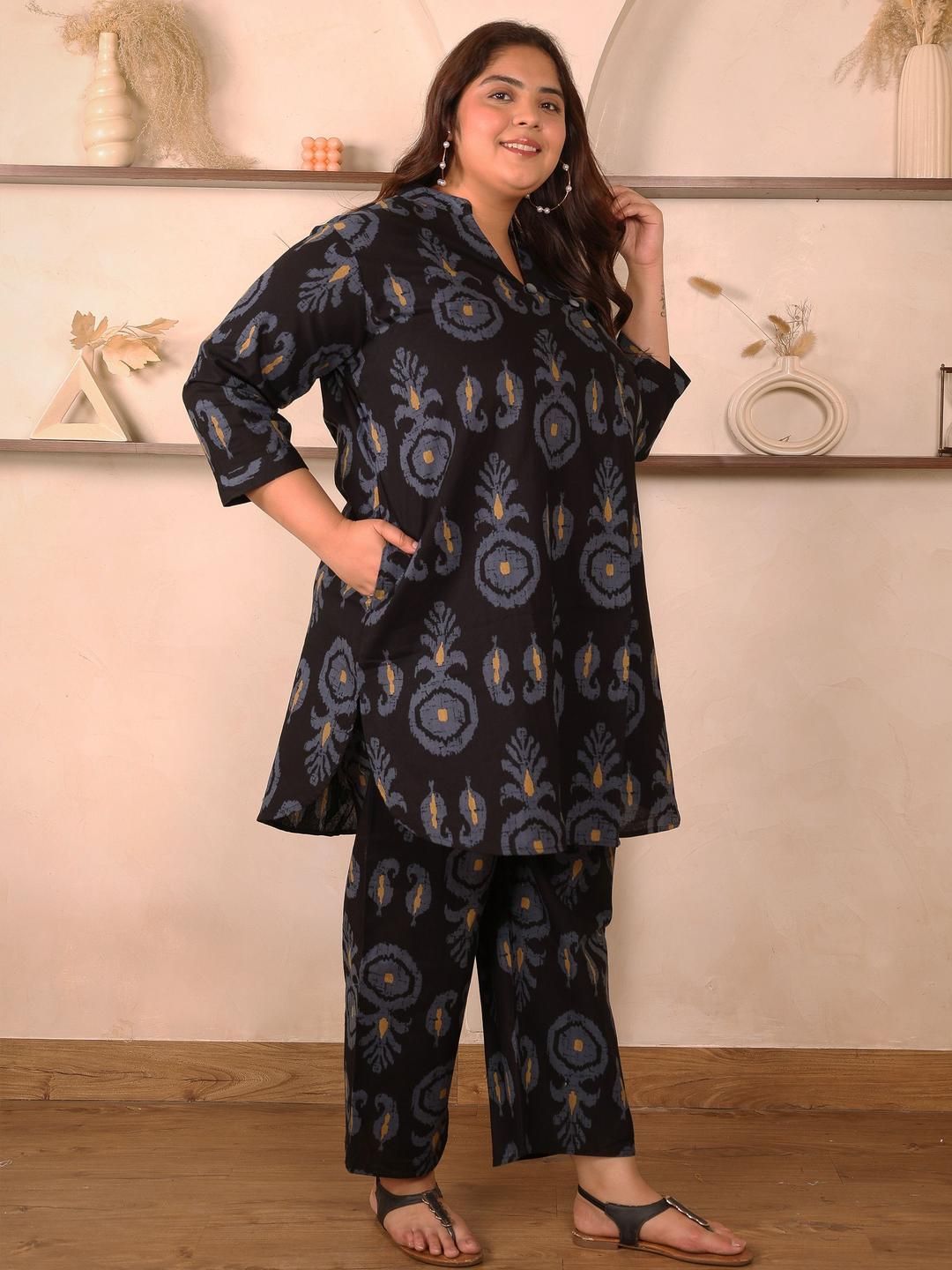 Black Cotton Print Plus Size Co Ord Set — view 5