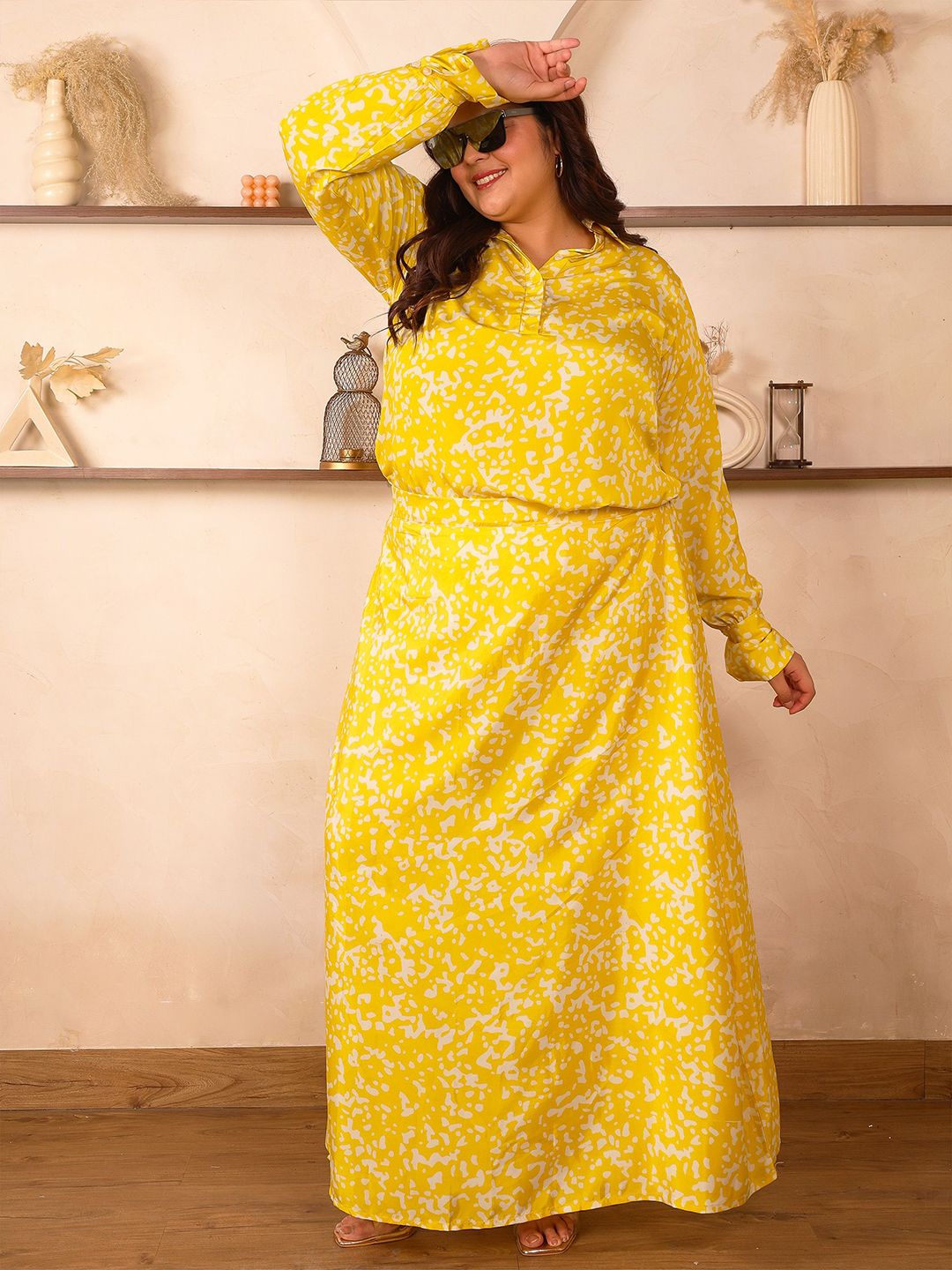 Yellow Satin Print Plus Size Co Ord Set — view 7