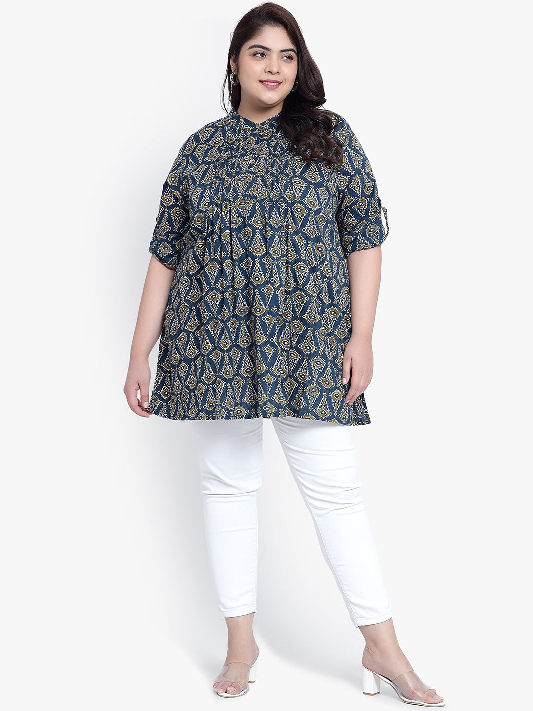 Blue Geometric Print Pleat Plus Size Tunic — view 6