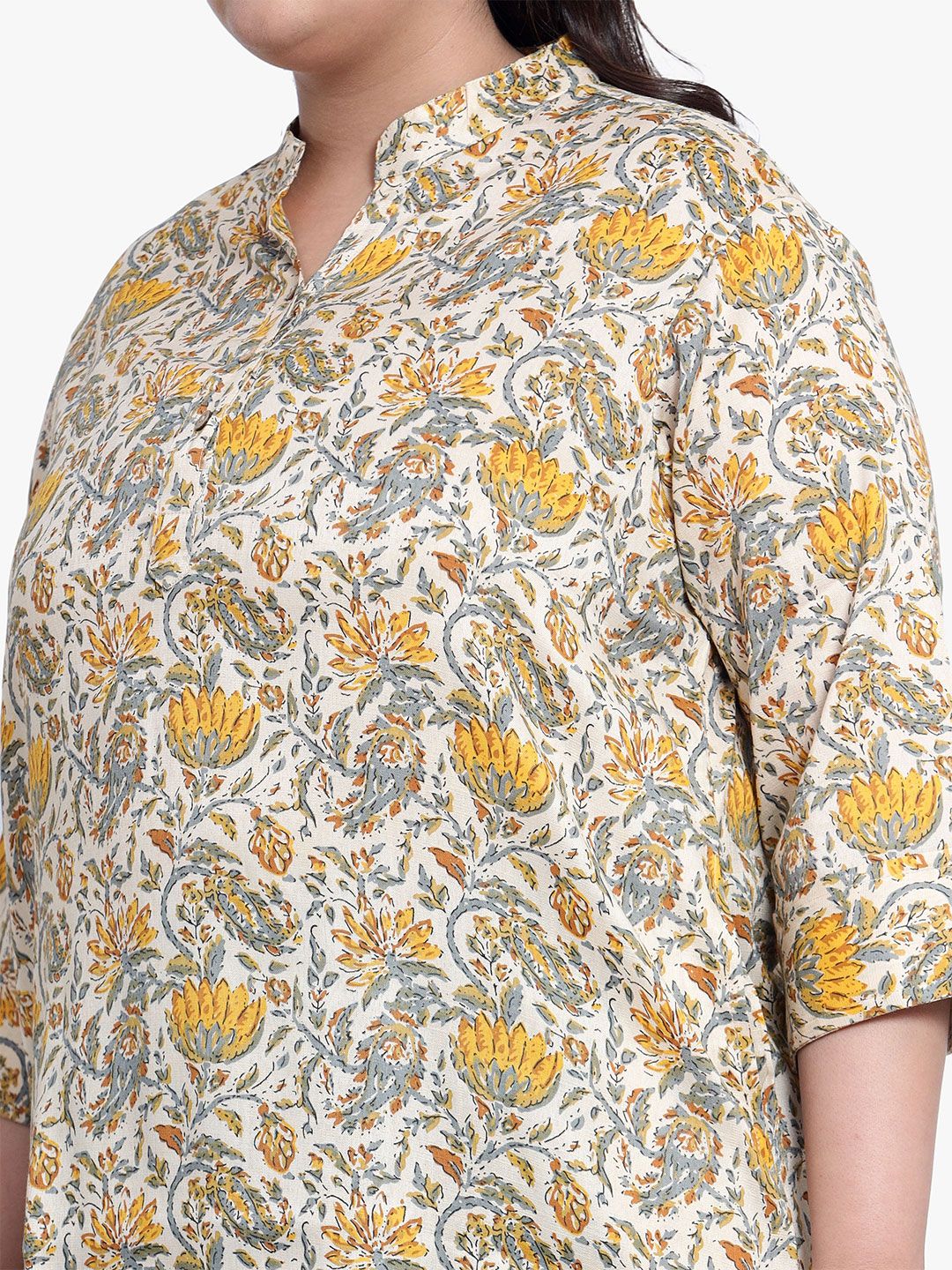 Yellow and Beige Floral Print Plus Size Tunic — view 2