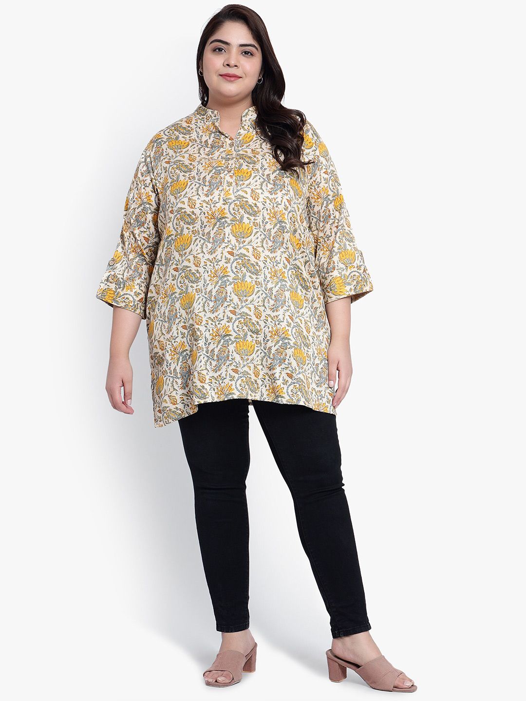 Yellow and Beige Floral Print Plus Size Tunic — view 7