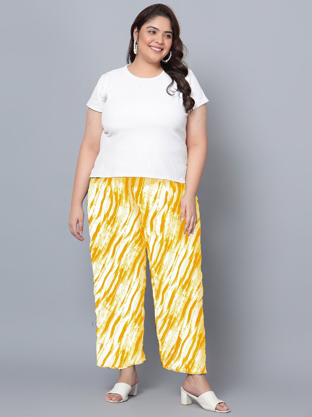 Yellow Leheriya Print Plus Size Trousers — view 5