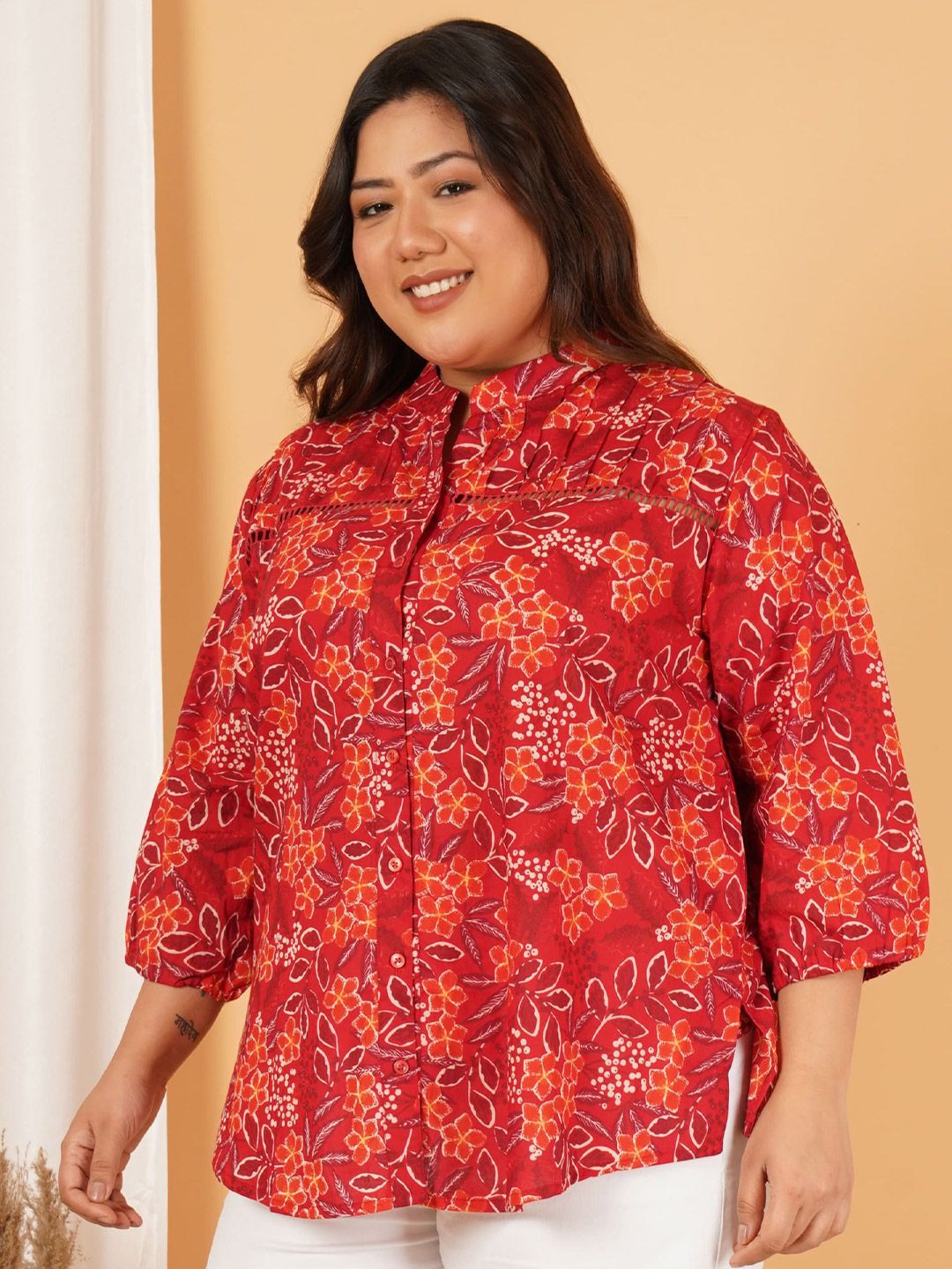 Red Floral Print Plus Size Lace Shirt — view 4