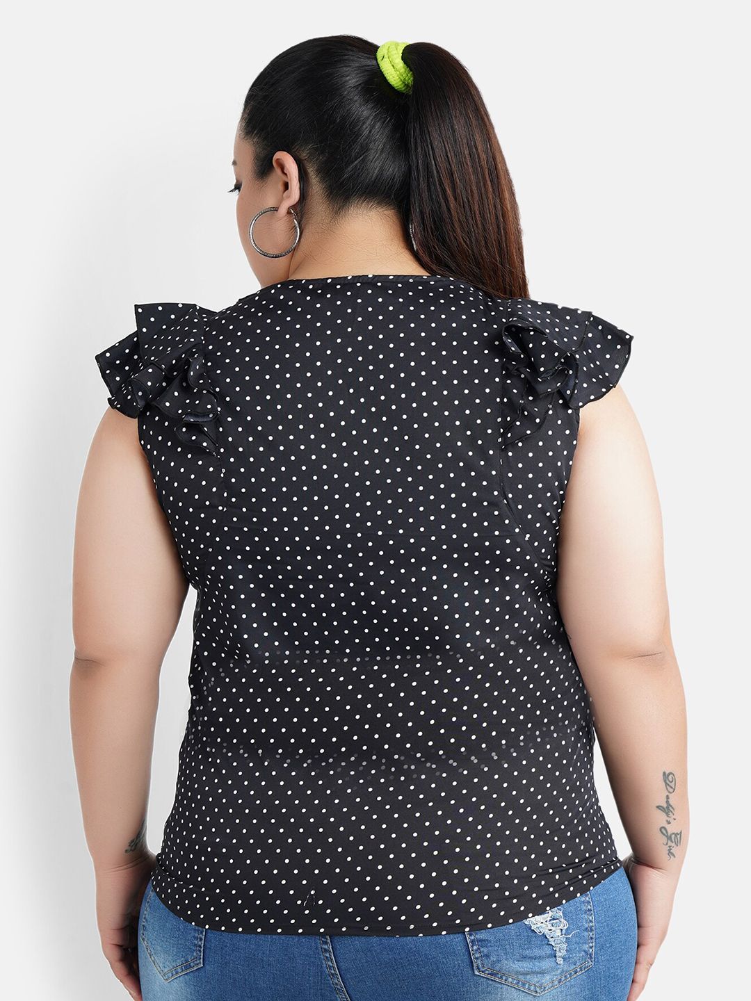 Black Polka Dot Buttoned Ruffle Top — view 4