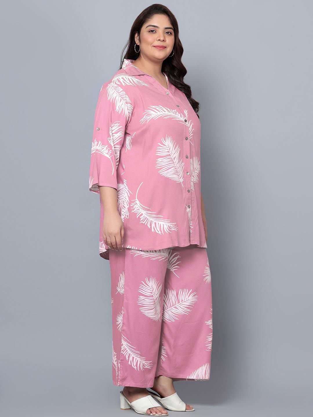 Pink Leaf Print Plus Size Co-Ord Set — view 3