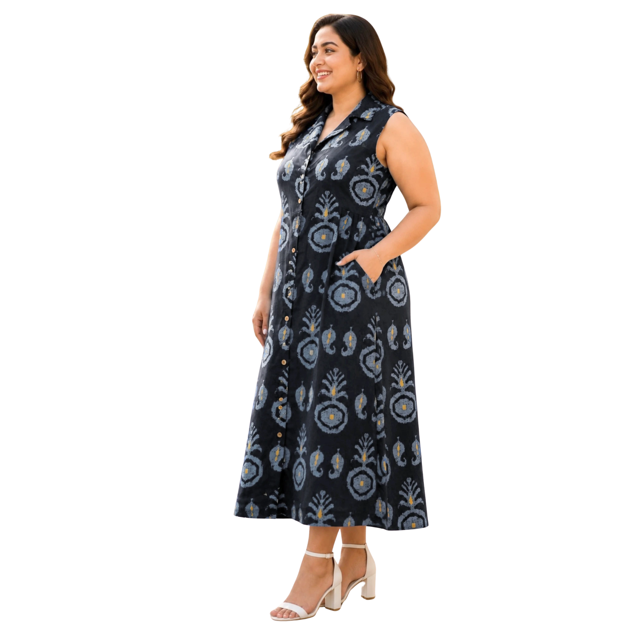 Black Motif Print Midi Dress