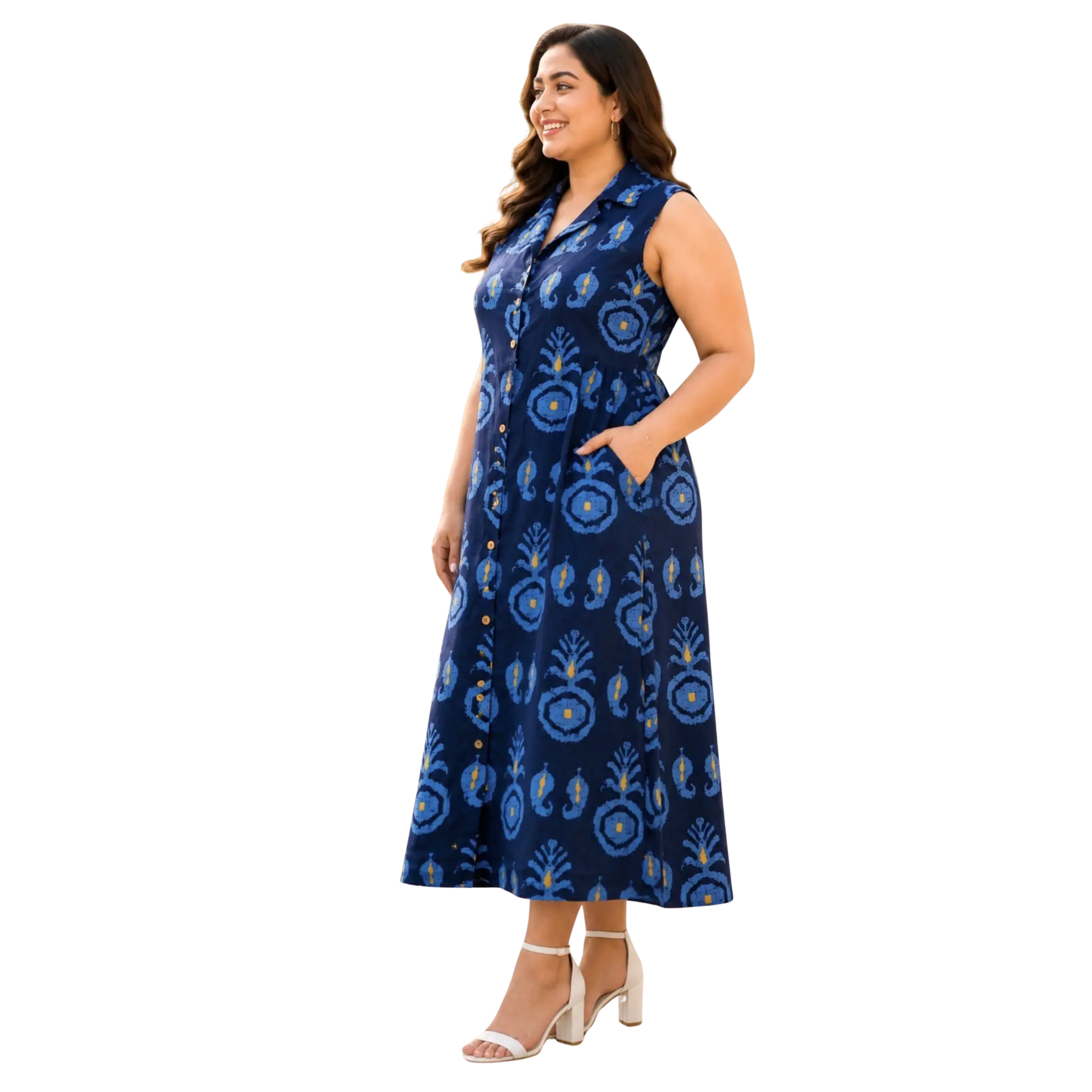 Blue Motif Print Midi Dress