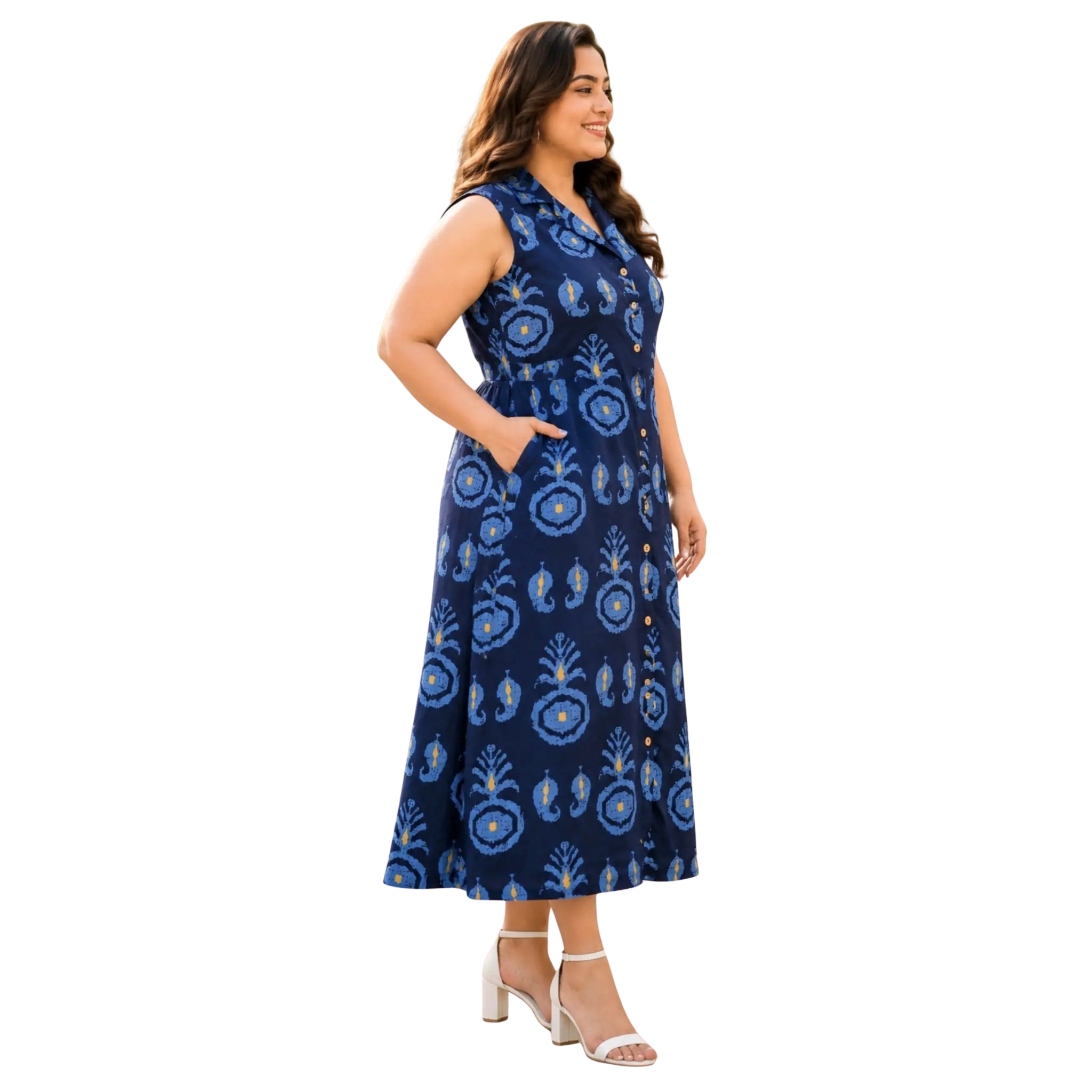 Blue Motif Print Midi Dress