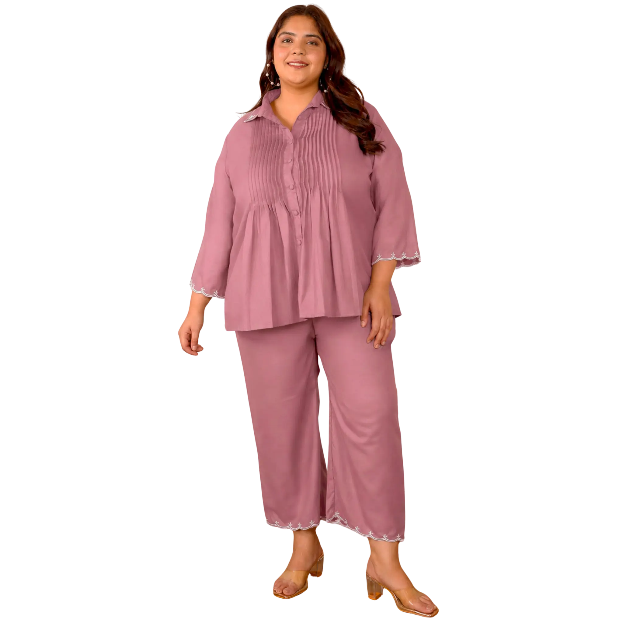 Pink Cotton Collar Embroidered Co Ord Set