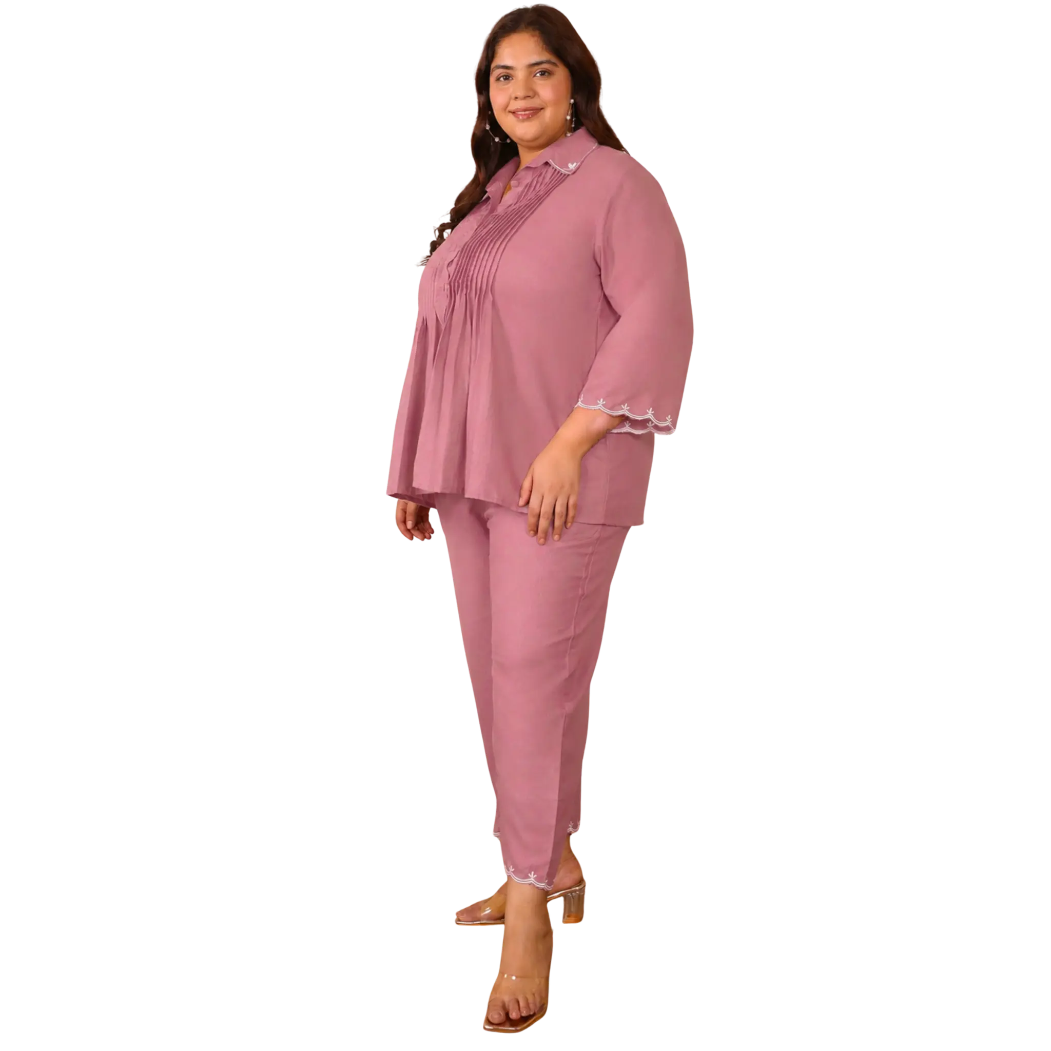 Pink Cotton Collar Embroidered Co Ord Set