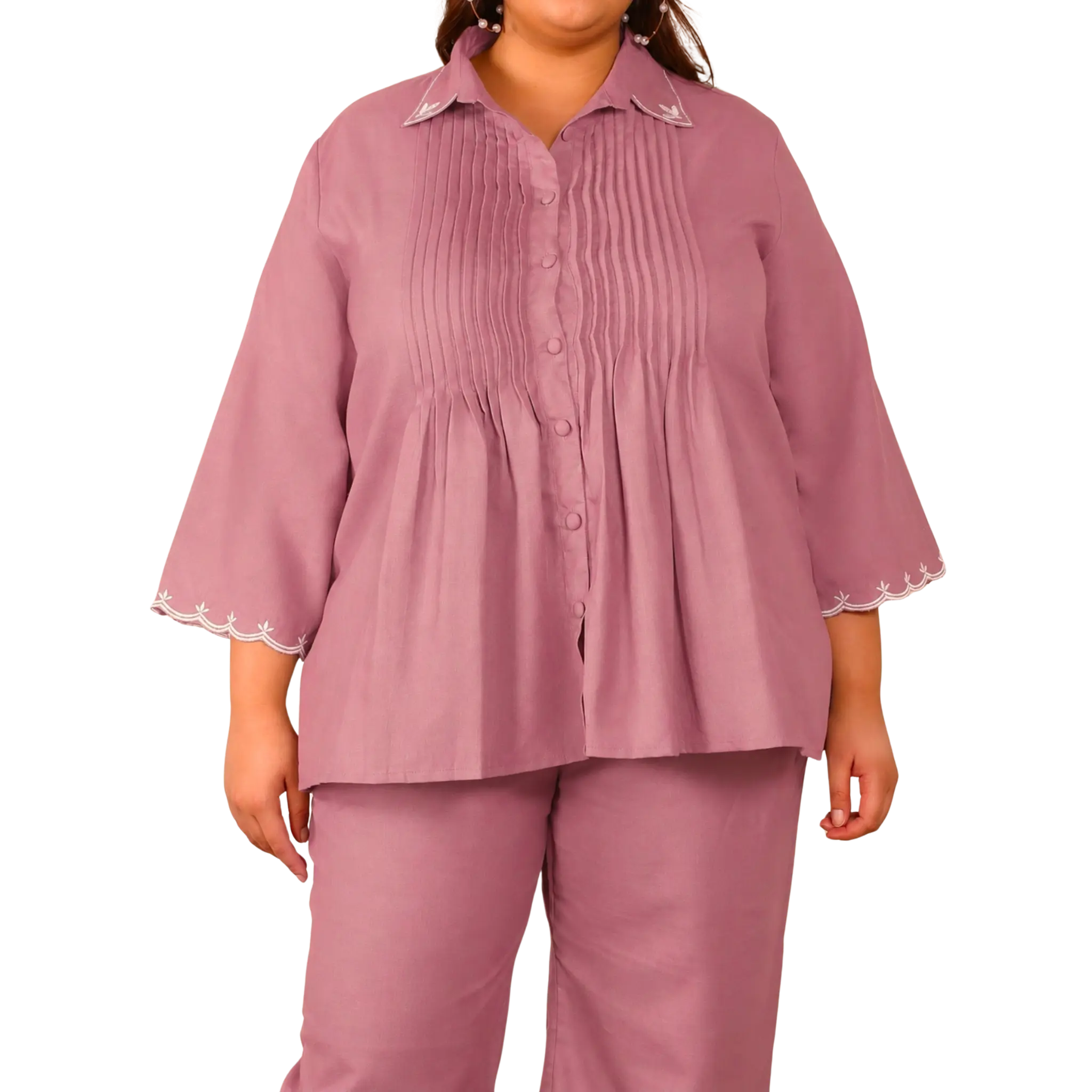 Pink Cotton Collar Embroidered Co Ord Set