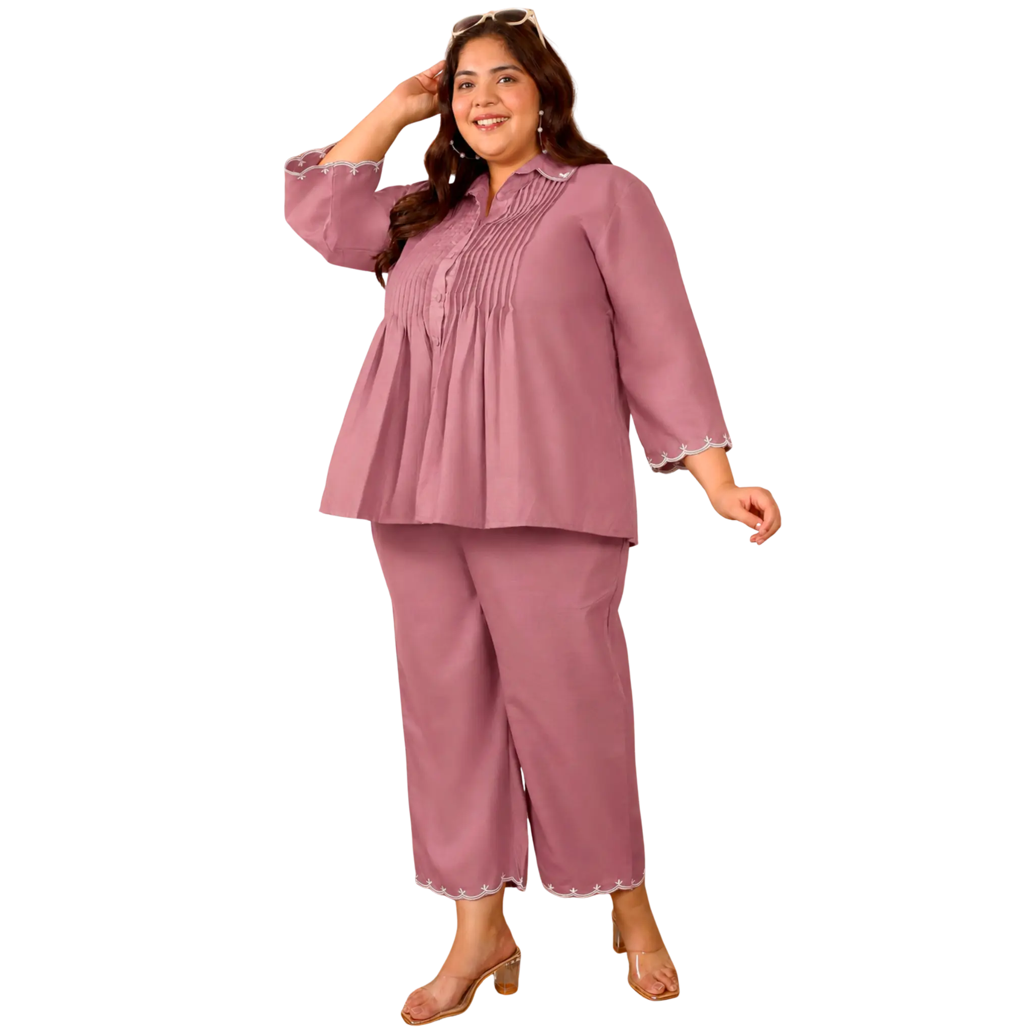 Pink Cotton Collar Embroidered Co Ord Set