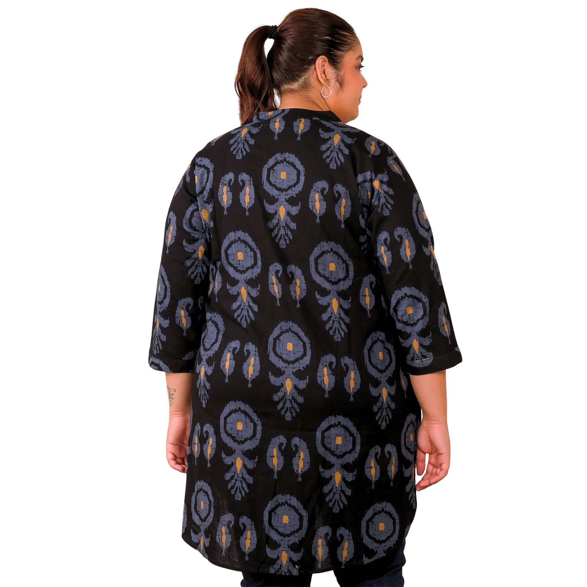 Black Cotton Print Plus Size Tunic