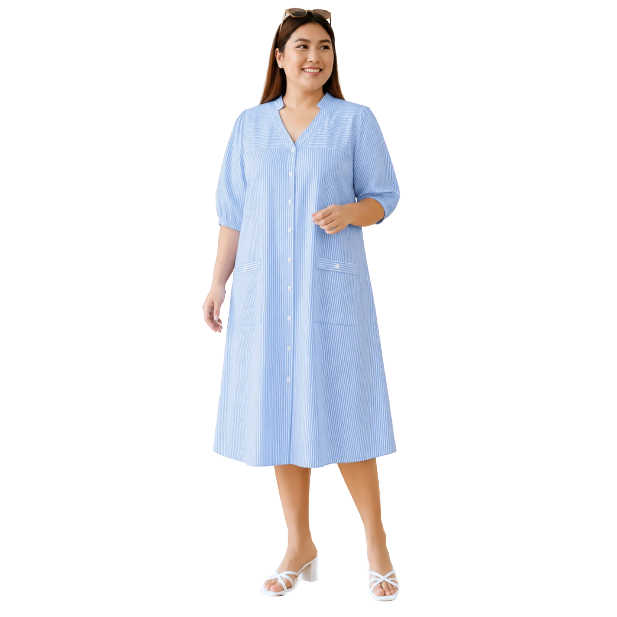 Blue Stripe Print Linen Midi Dress