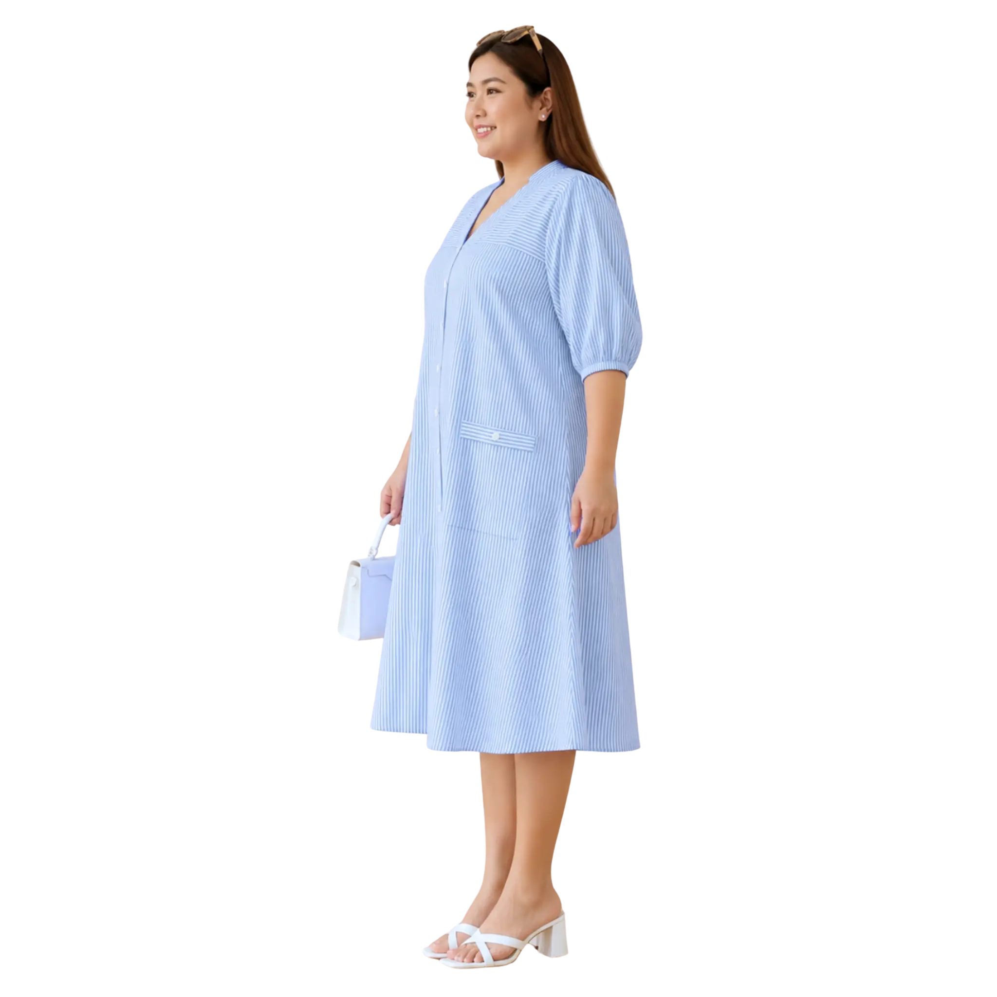 Blue Stripe Print Linen Midi Dress