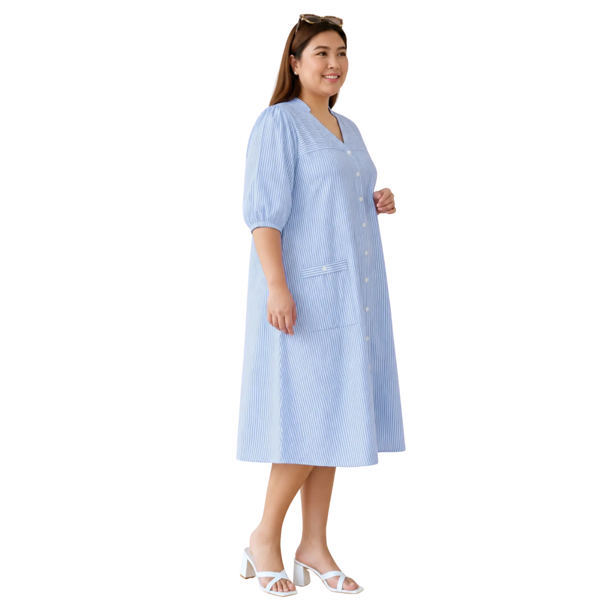 Blue Stripe Print Linen Midi Dress
