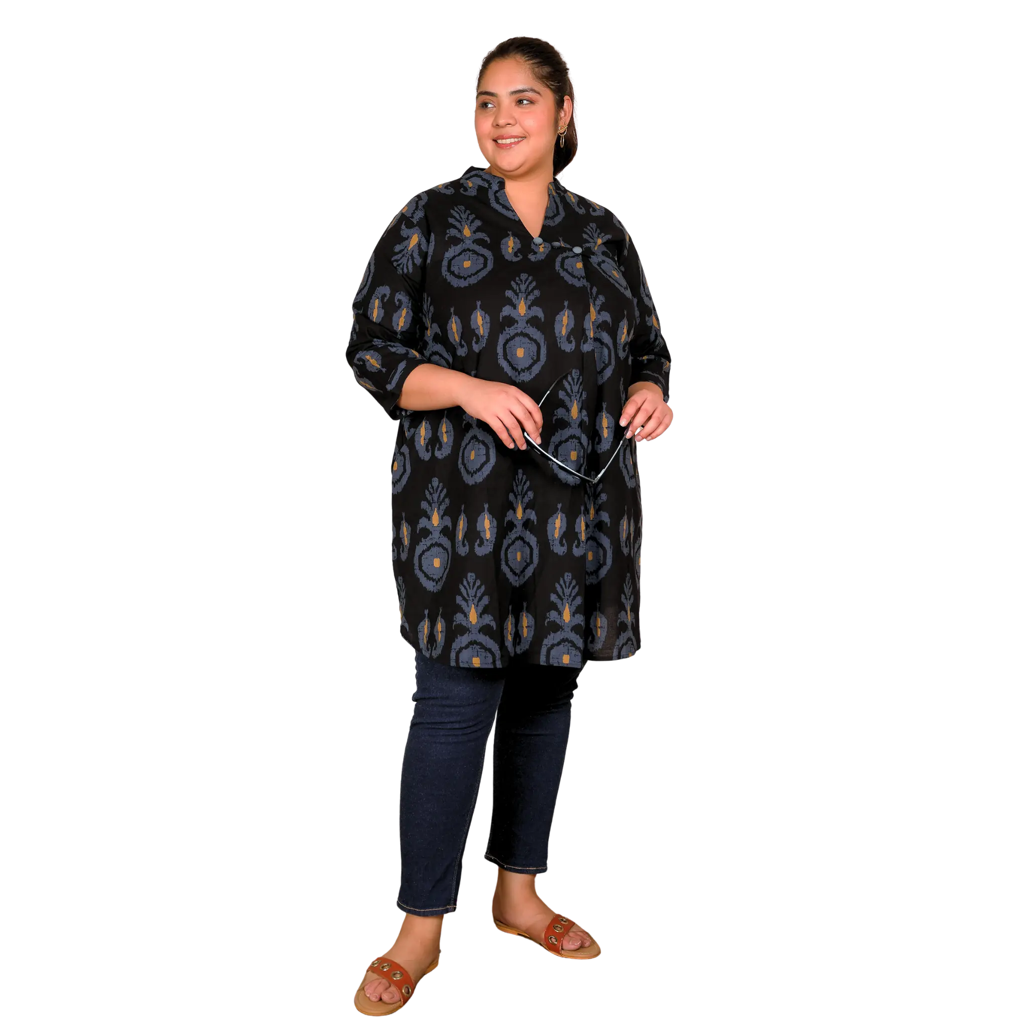 Black Cotton Print Plus Size Tunic