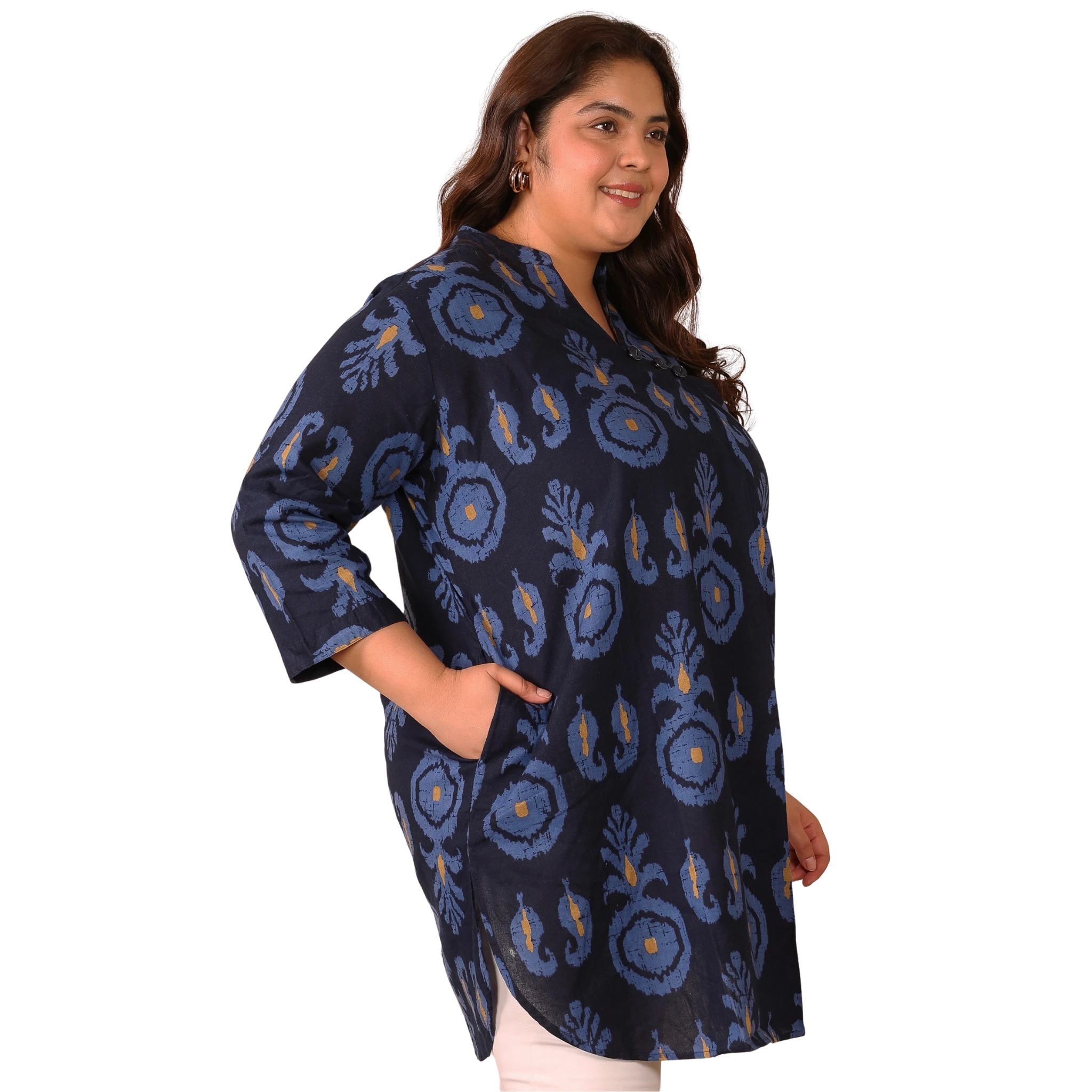 Indigo Blue Cotton Print Plus Size Tunic