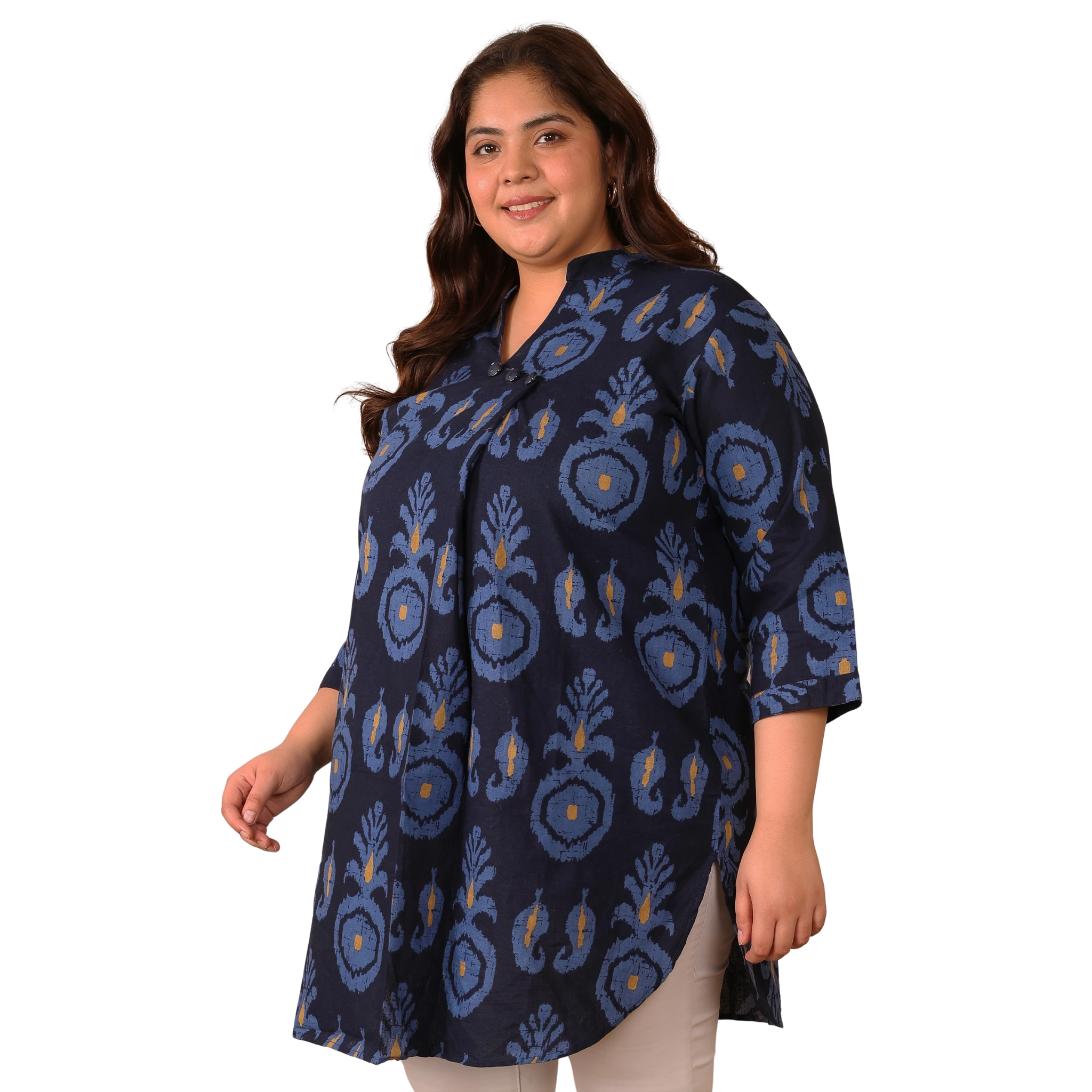 Indigo Blue Cotton Print Plus Size Tunic