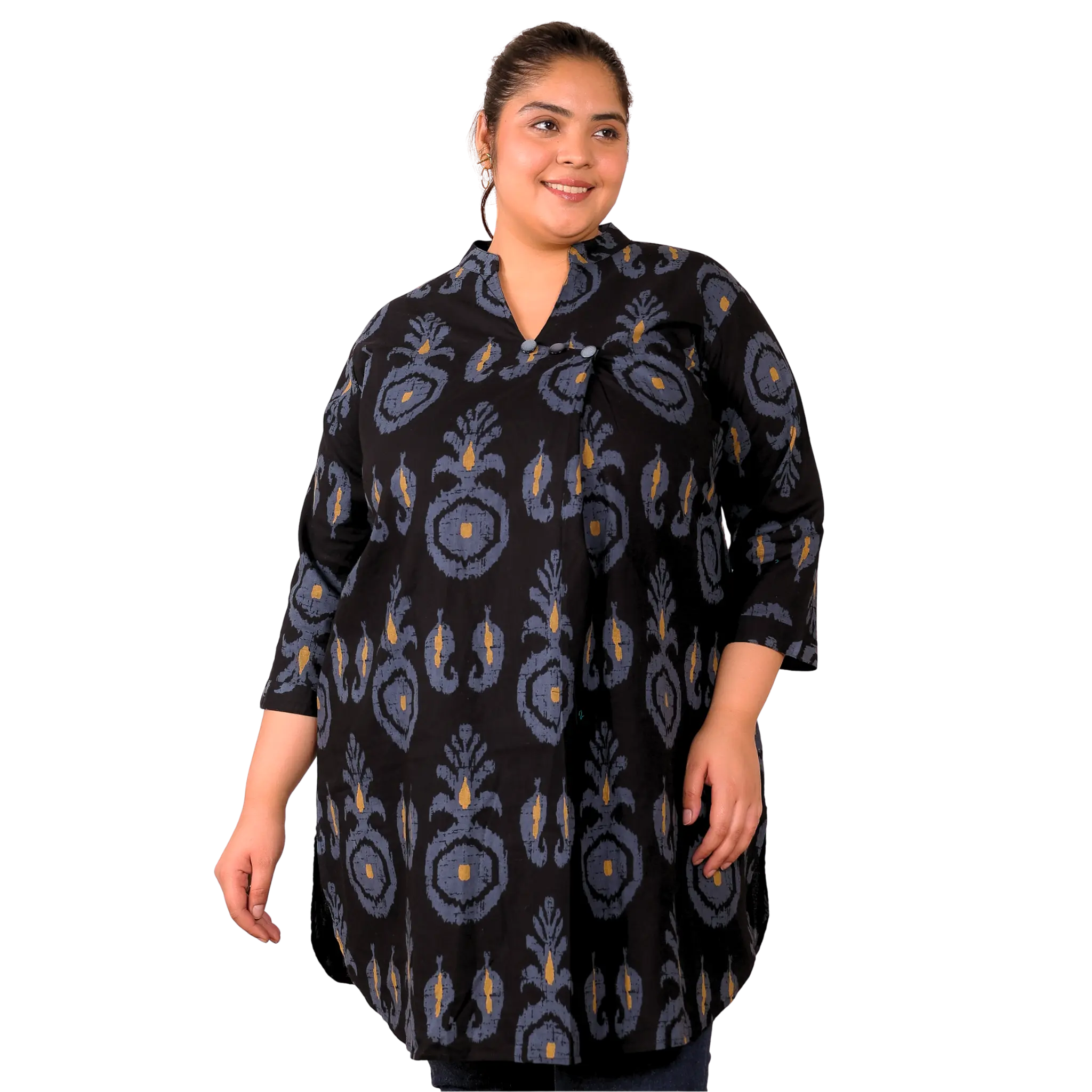 Black Cotton Print Plus Size Tunic