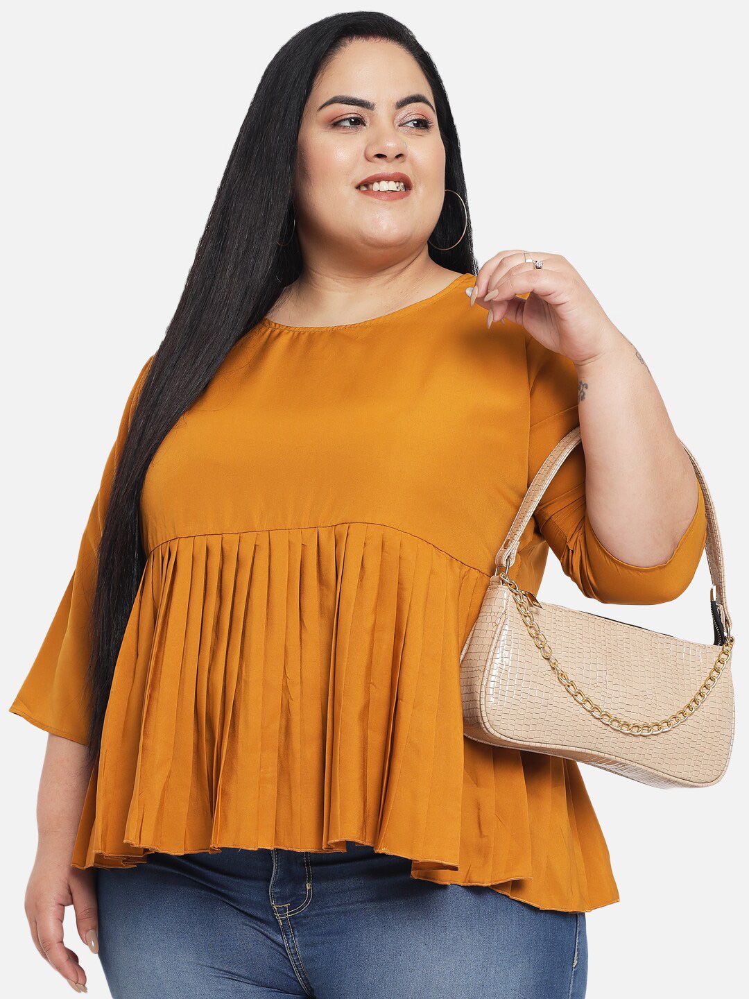Mustard Solid Waist Pleated Top — view 6