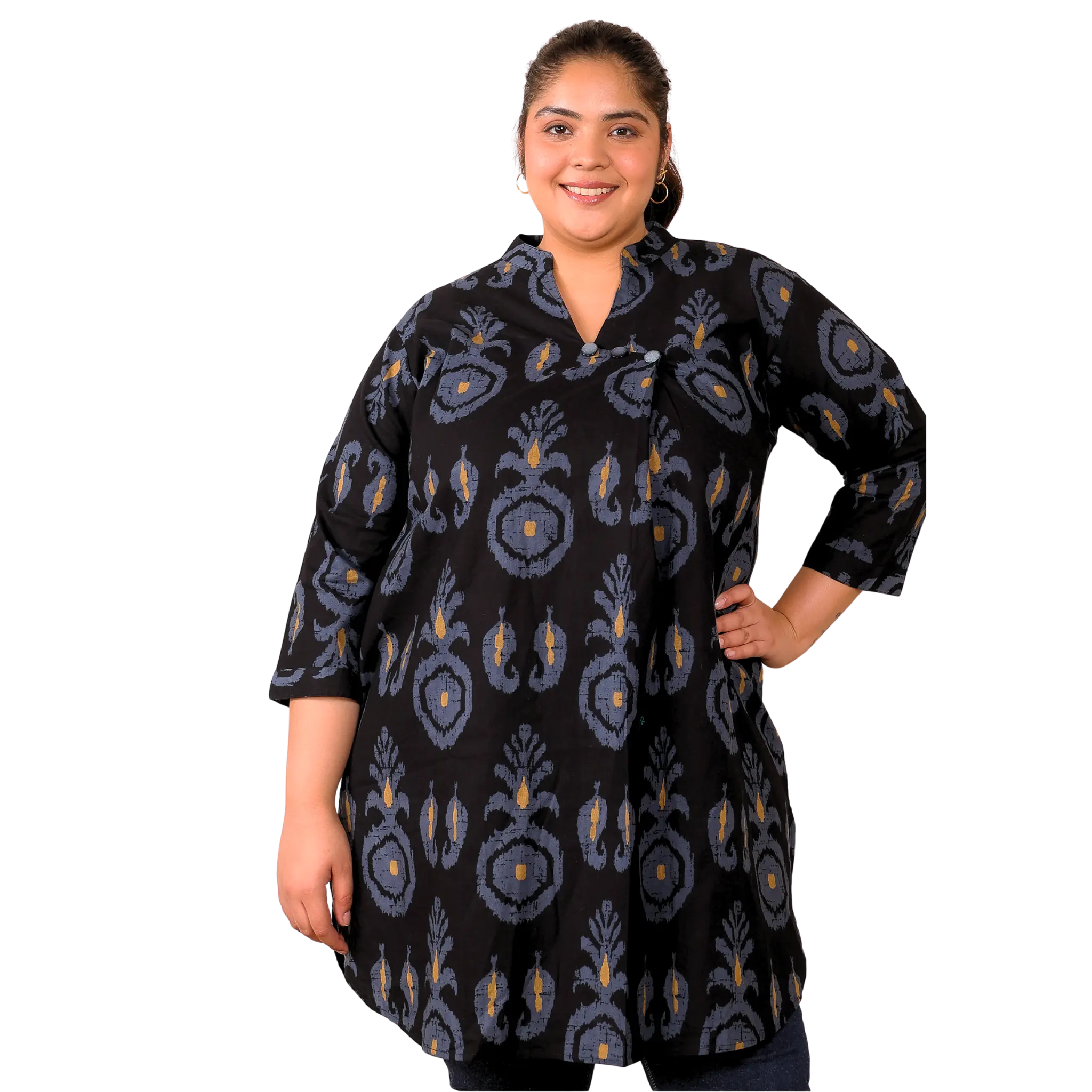 Black Cotton Print Plus Size Tunic