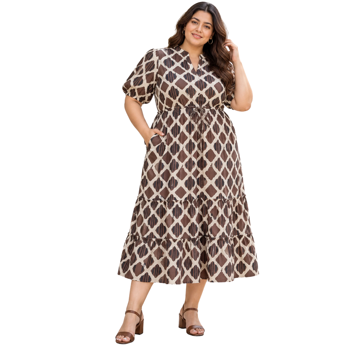 Brown Motif Tiered Plus Size Dress