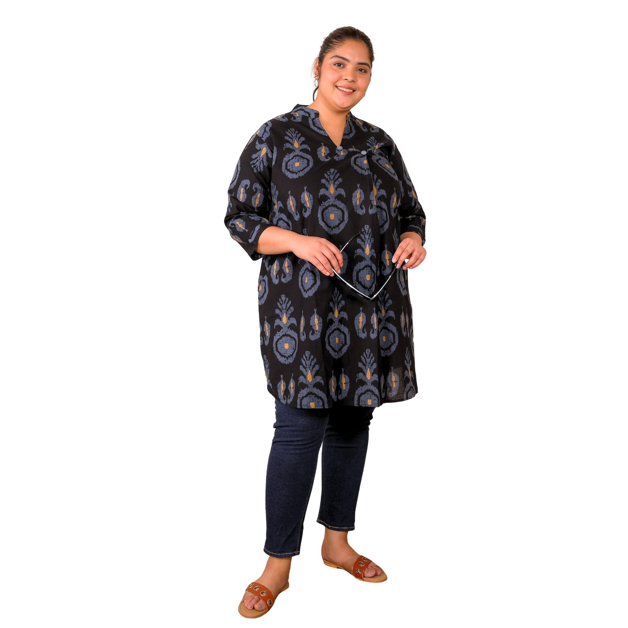 Black Cotton Print Plus Size Tunic