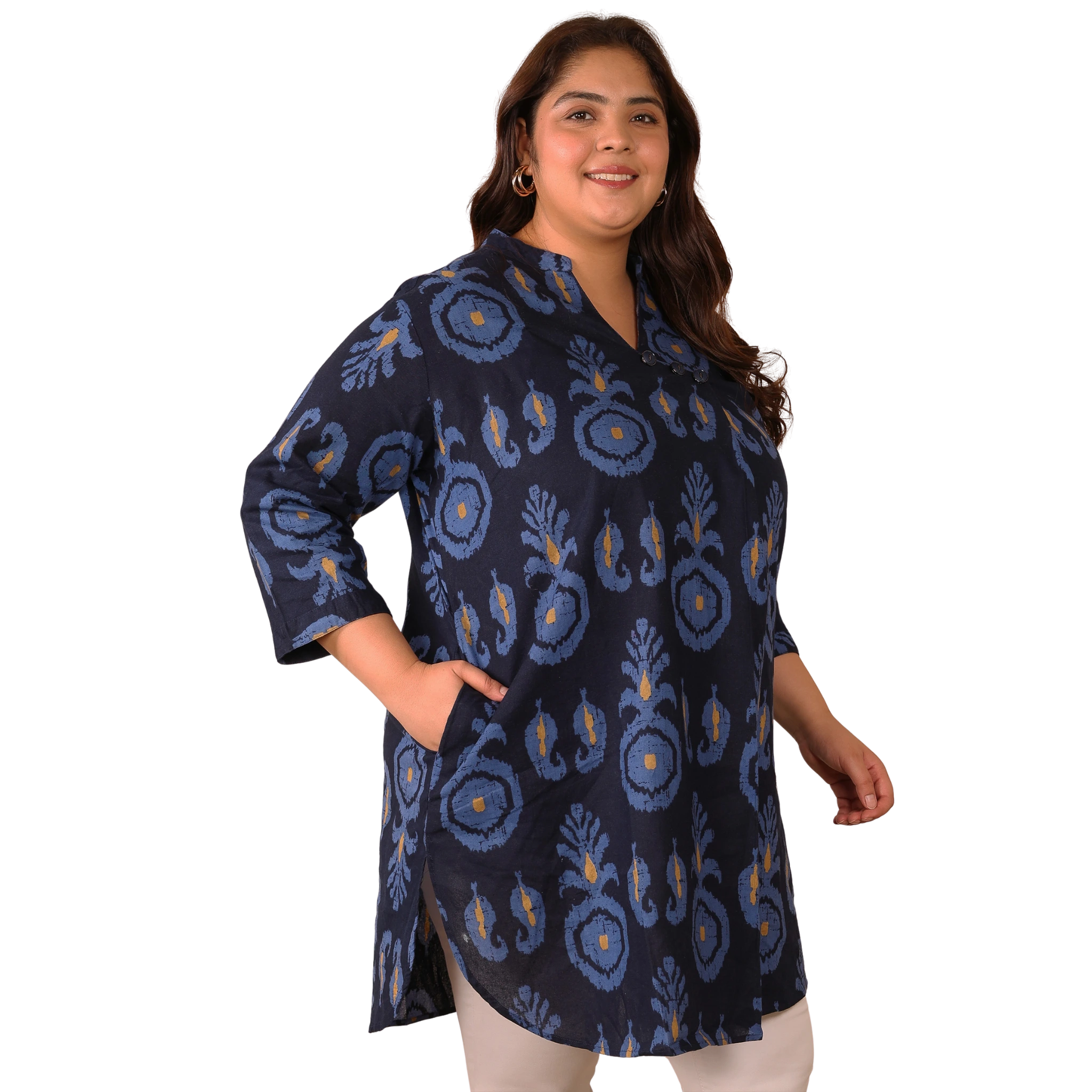 Indigo Blue Cotton Print Plus Size Tunic