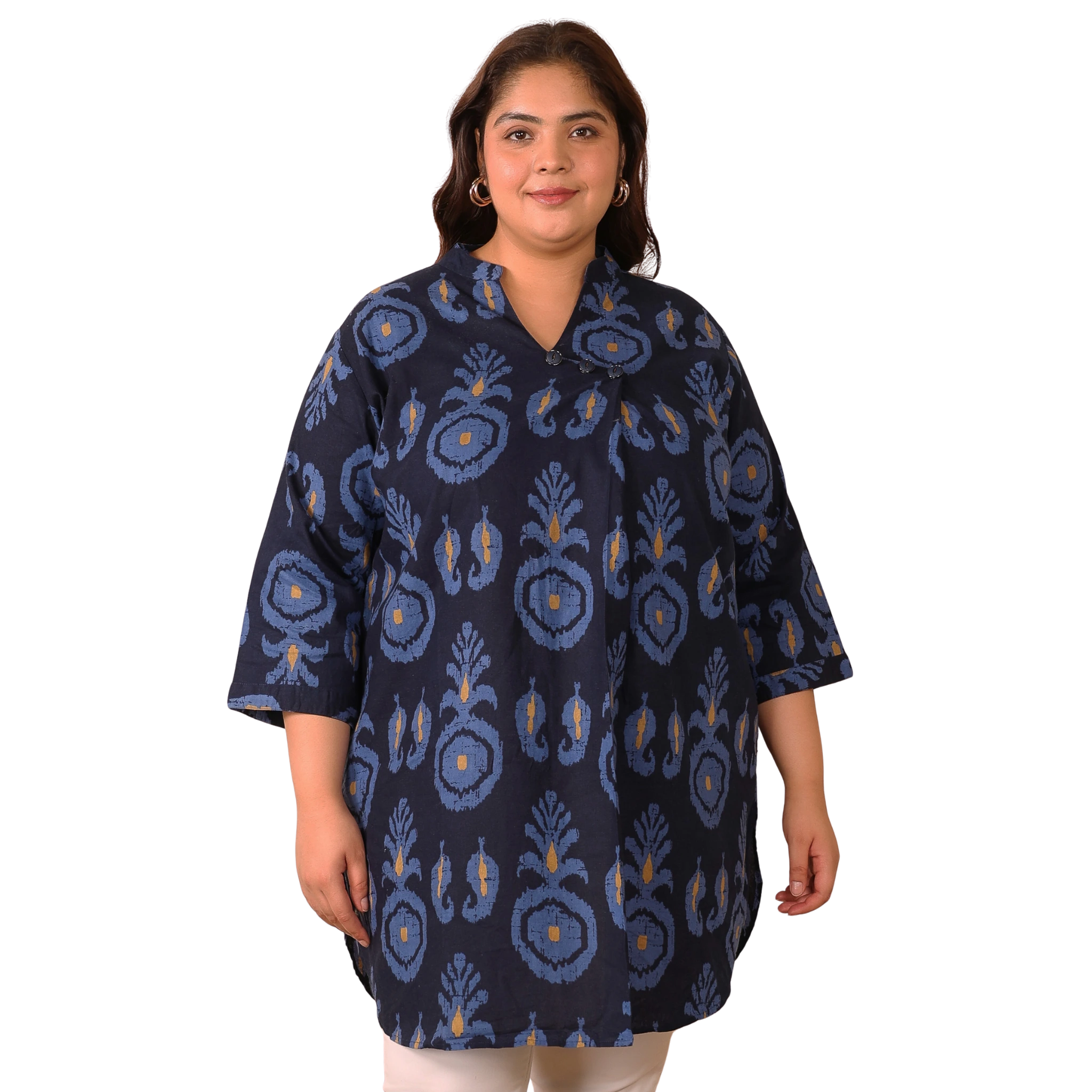 Indigo Blue Cotton Print Plus Size Tunic