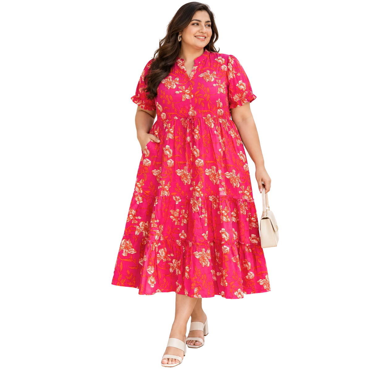 Orange Floral Tiered Plus Size Dress