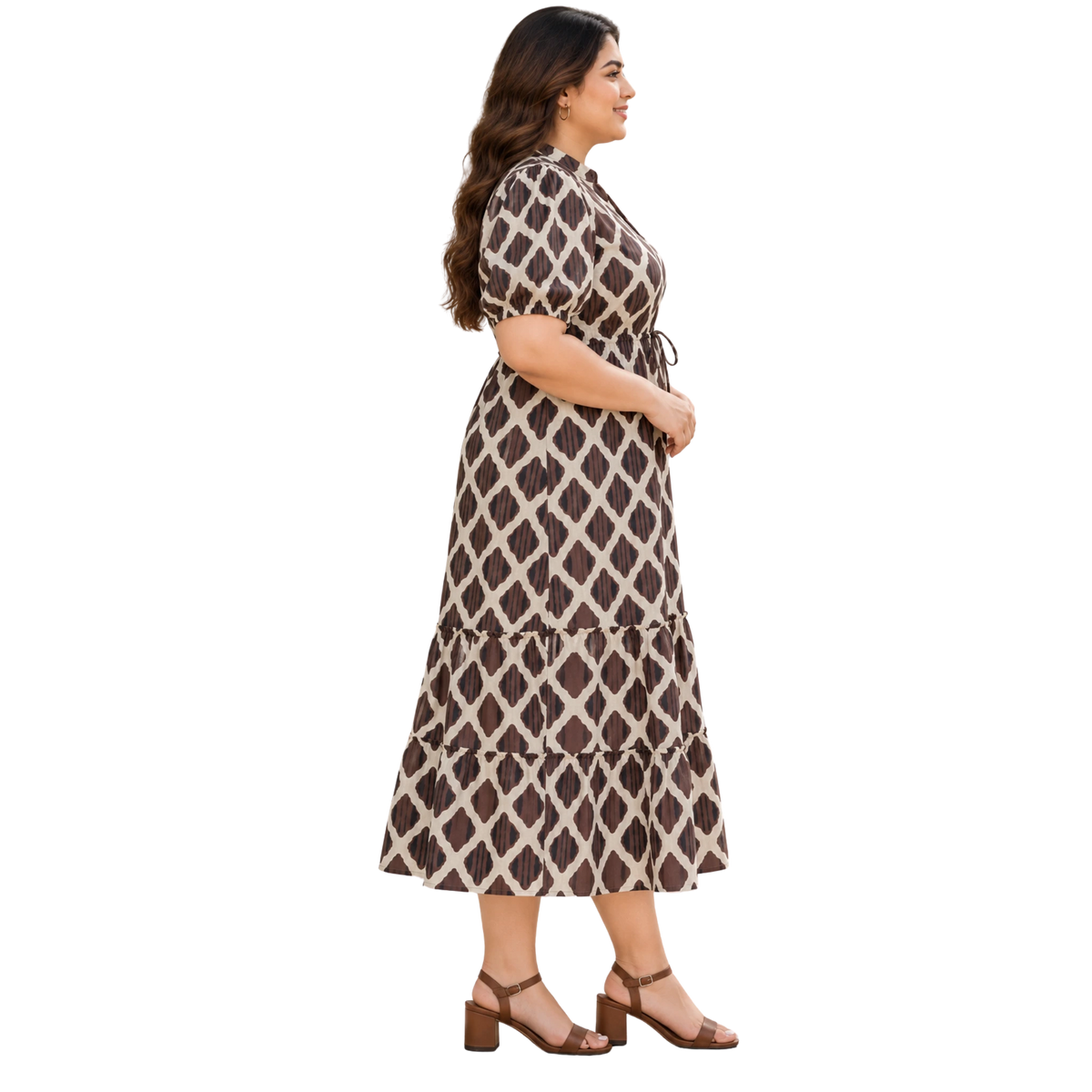 Brown Motif Tiered Plus Size Dress