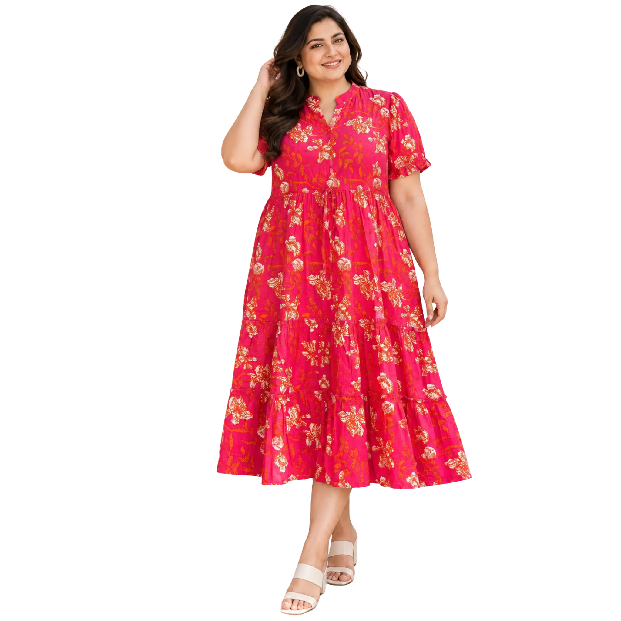 Orange Floral Tiered Plus Size Dress