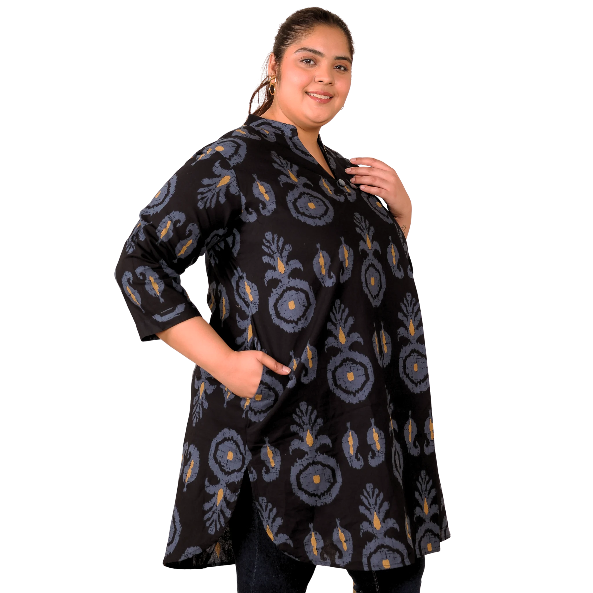 Black Cotton Print Plus Size Tunic