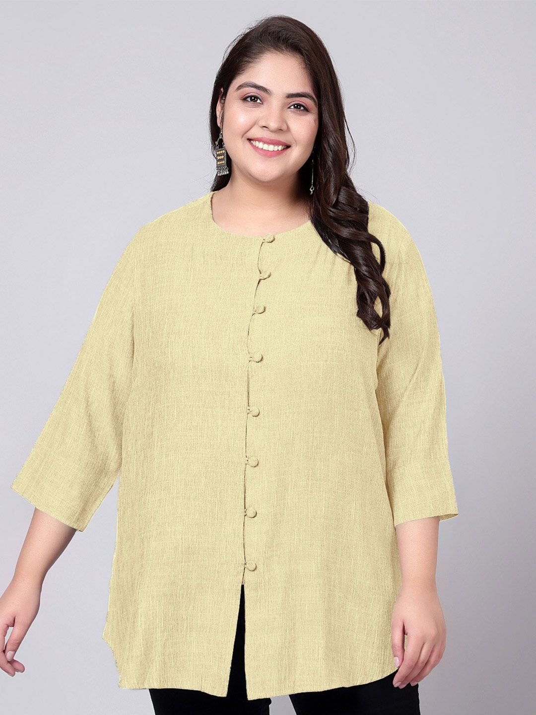 Yellow Cotton Linen Plus Size Tunic — view 1